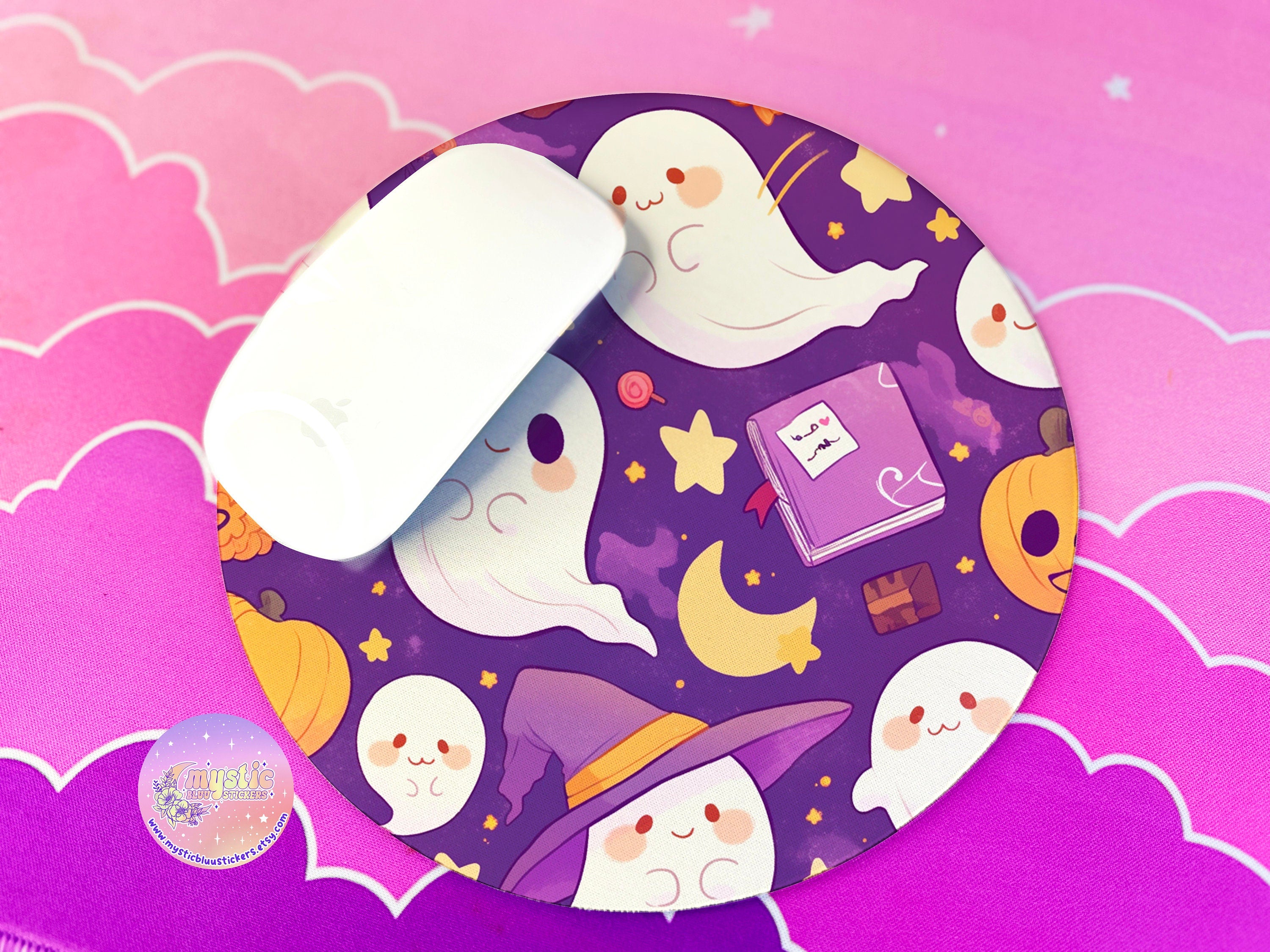 esthetic Ghost Mousepad with Pumpkins and Autumn Leaves - Kawaii Decor
