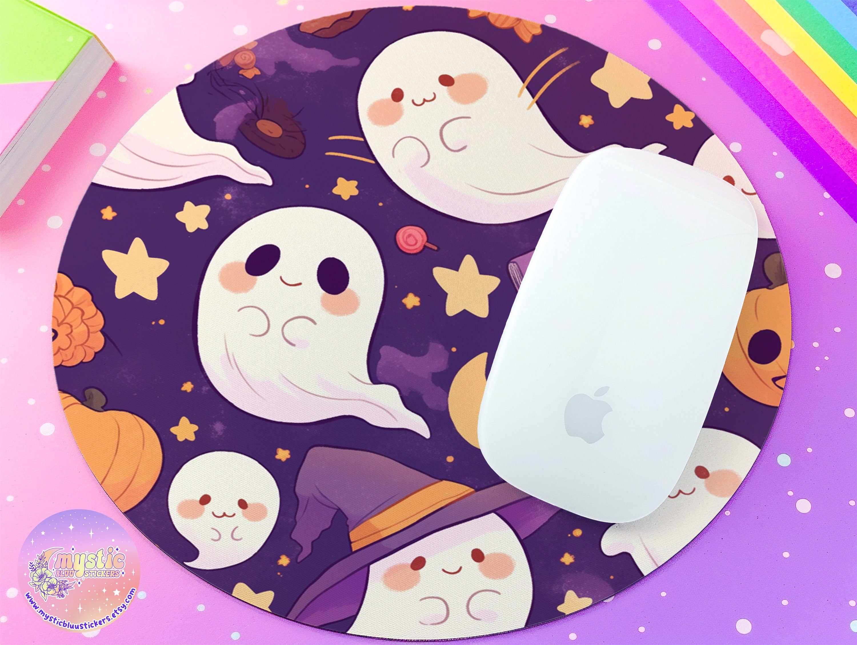esthetic Ghost Mousepad with Pumpkins and Autumn Leaves - Kawaii Decor