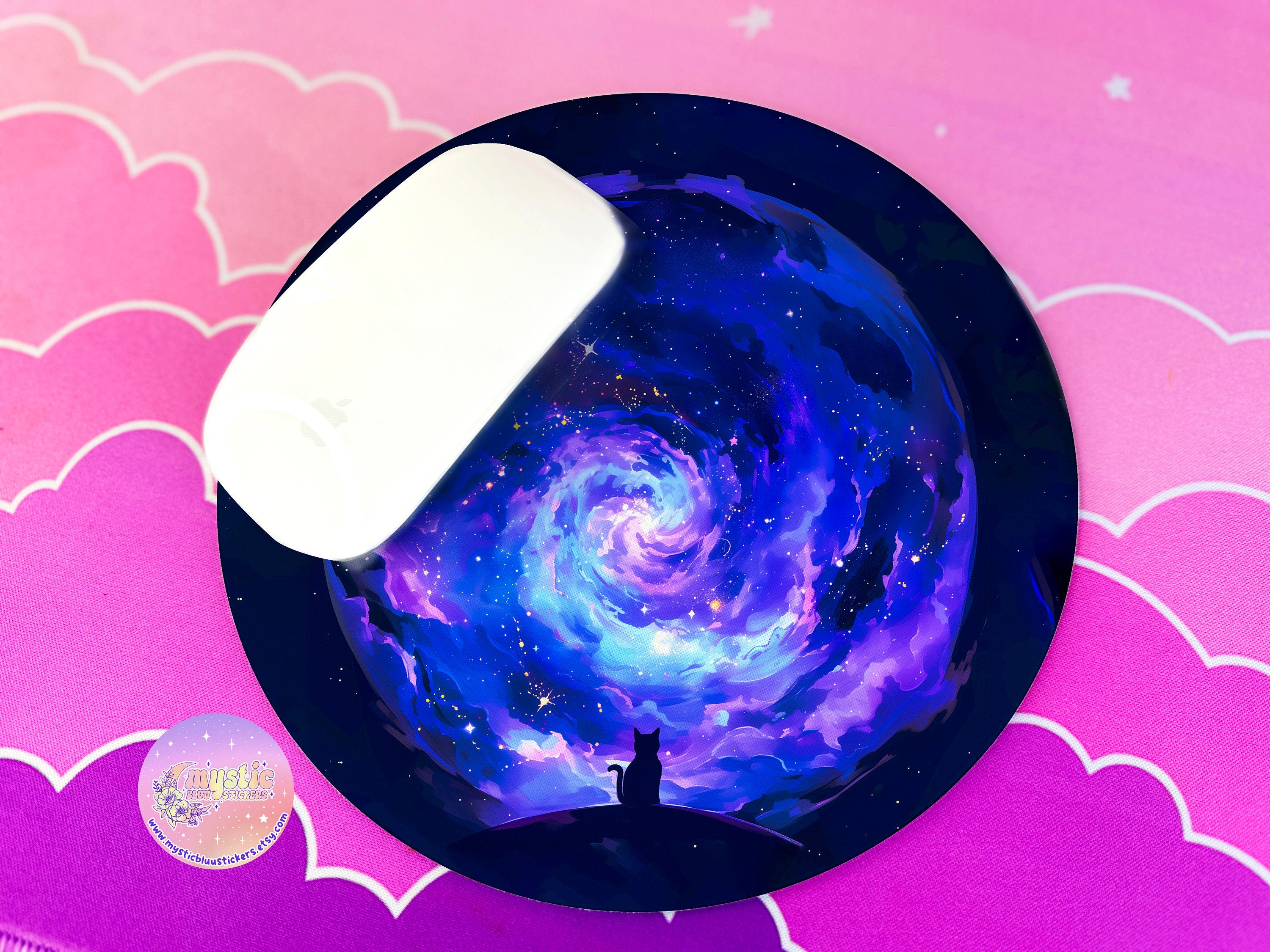 Galaxy Mousepad Cat Vaporwave Office Decor - Moon and Stars Round Mouse Pad - Cute Cozy Desk Mat - Celestial Cat Aesthetic Desktop