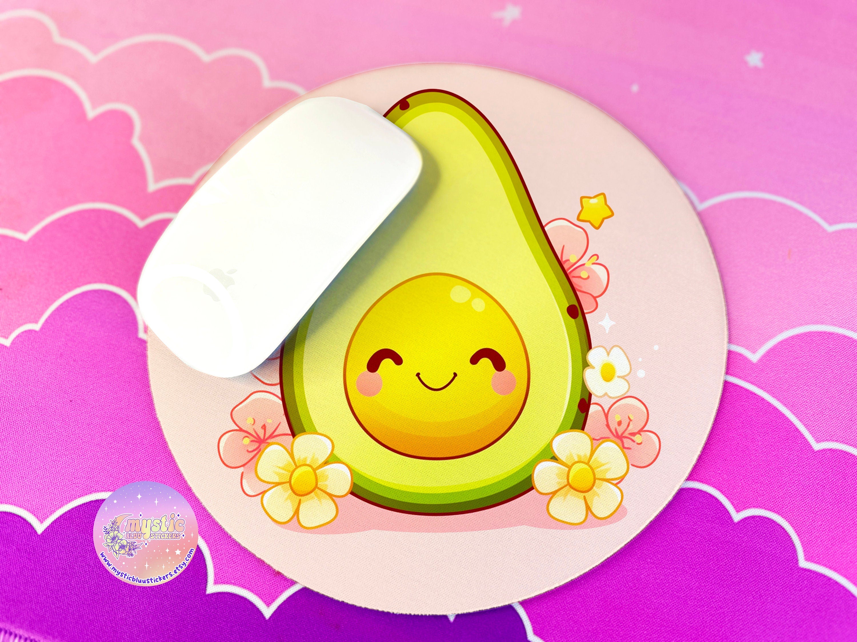 Avocado Mousepad Kawaii Office Decor - Floral Cartoon Round Mouse Pad - Cute Cozy Illustration Desk Mat - Fruit Girly Aesthetic Desktop