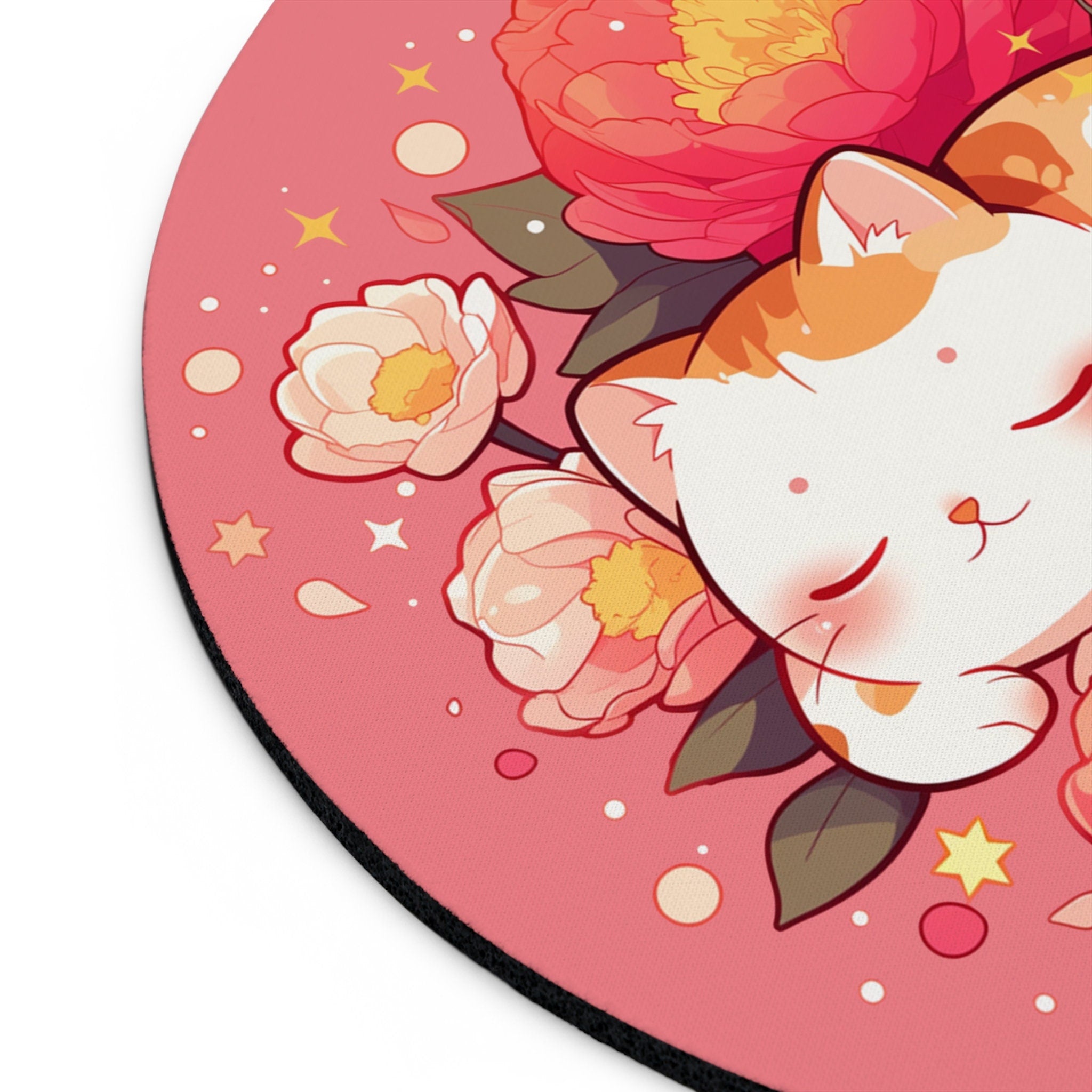 Floral Mousepad Kawaii Office Decor - Sleeping Cat Cartoon Round Mouse Pad - Cute Cozy Illustration Desk Mat - Fruit Girly Aesthetic Desktop