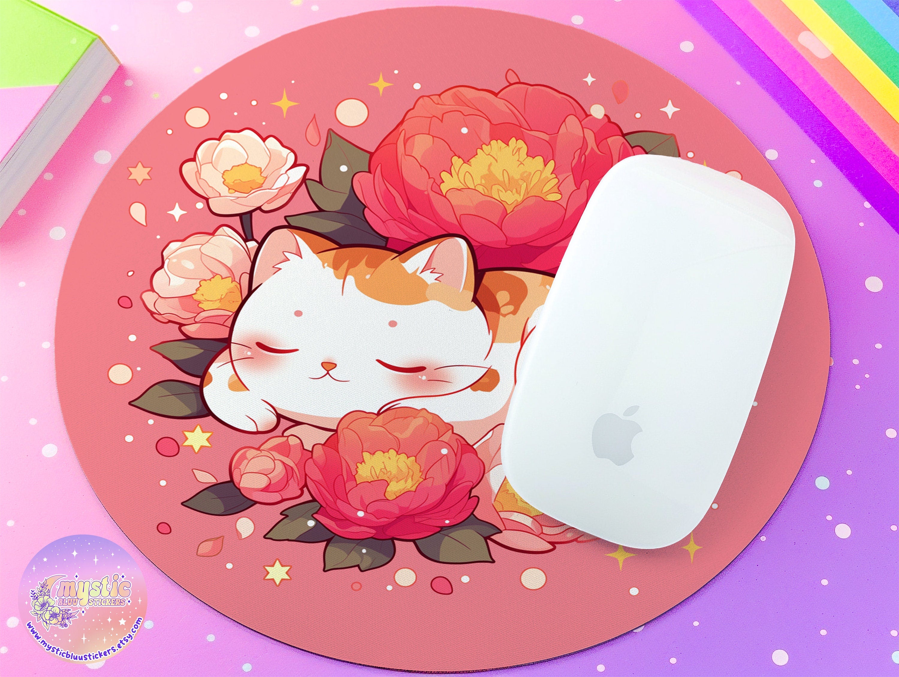 Floral Mousepad Kawaii Office Decor - Sleeping Cat Cartoon Round Mouse Pad - Cute Cozy Illustration Desk Mat - Fruit Girly Aesthetic Desktop