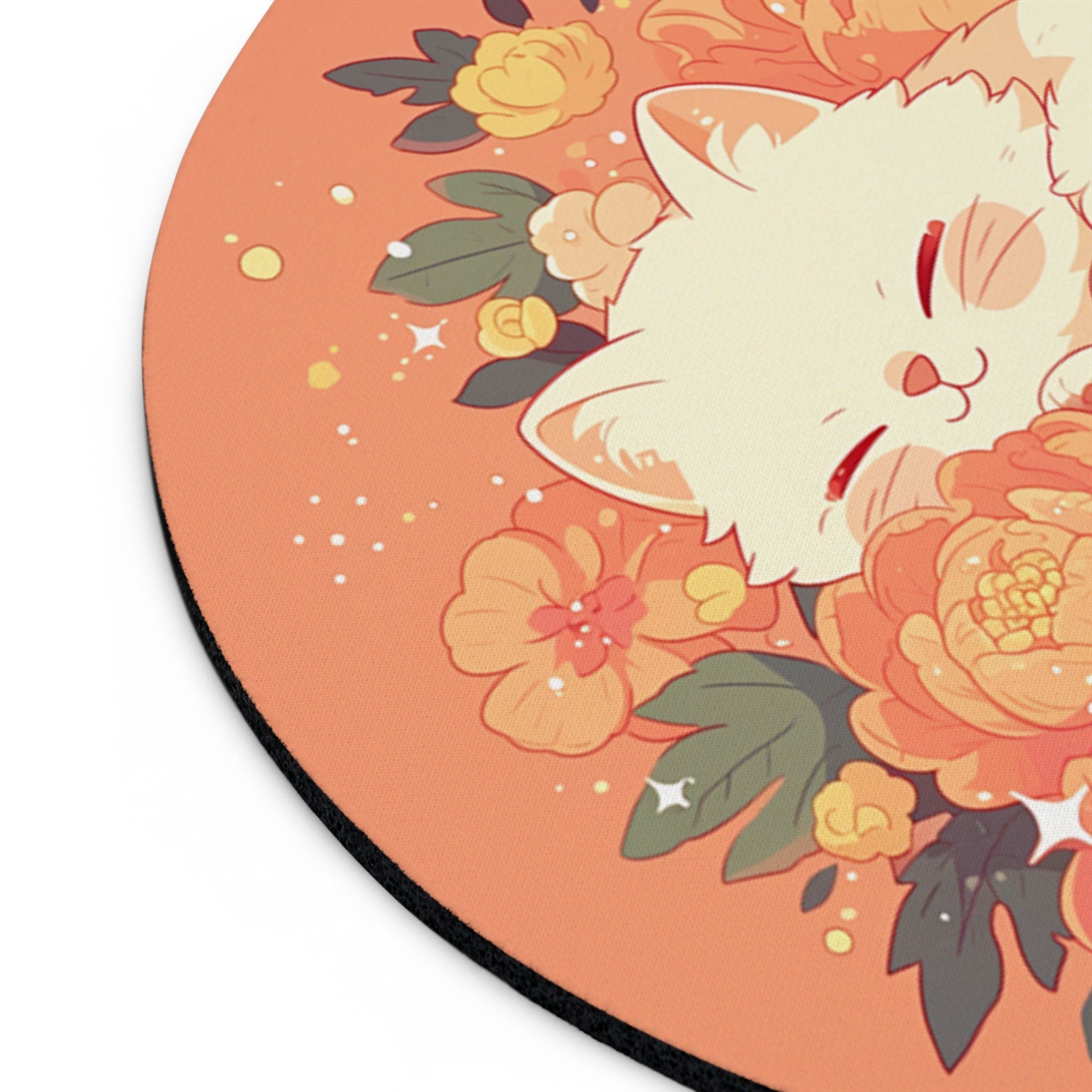 Floral Mousepad Kawaii Office Decor - Sleeping Cat Cartoon Round Mouse Pad - Cute Cozy Illustration Desk Mat - Fruit Girly Aesthetic Desktop