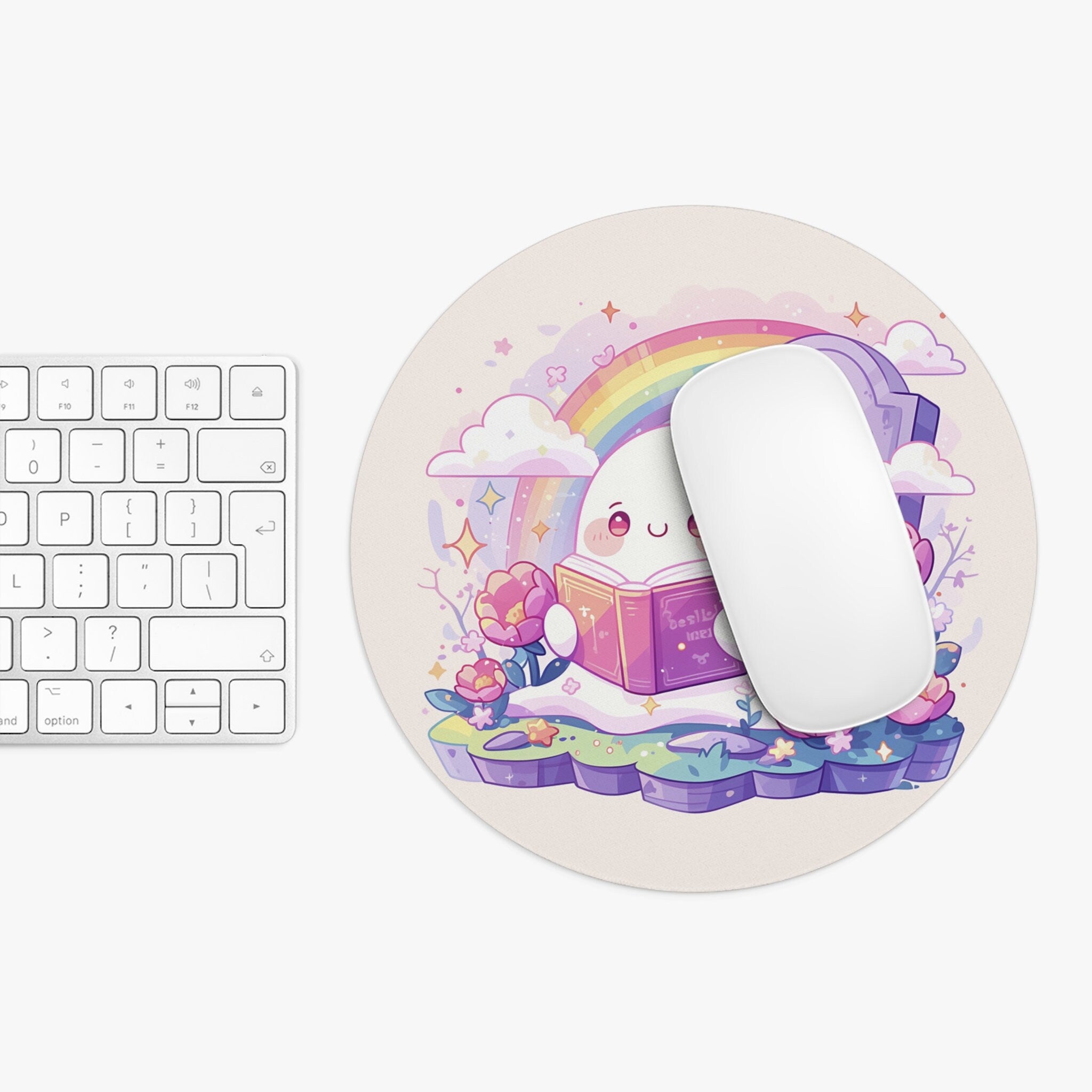 Ghost Reading Mousepad Floral Kawaii Decor, Moon and Stars, Round Mouse Pad, Cozy Desk Mat, Witchy Ghost Aesthetic Desktop