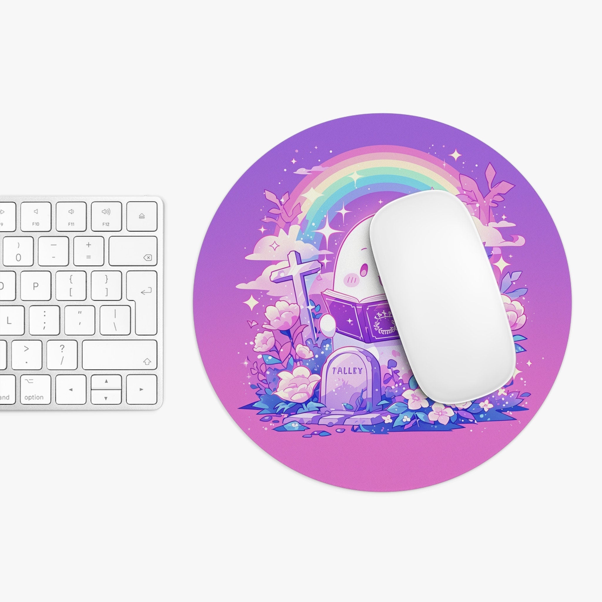 Ghost Reading Mousepad Floral Kawaii Decor, Moon and Stars, Round Mouse Pad, Cozy Desk Mat, Witchy Ghost Aesthetic Desktop