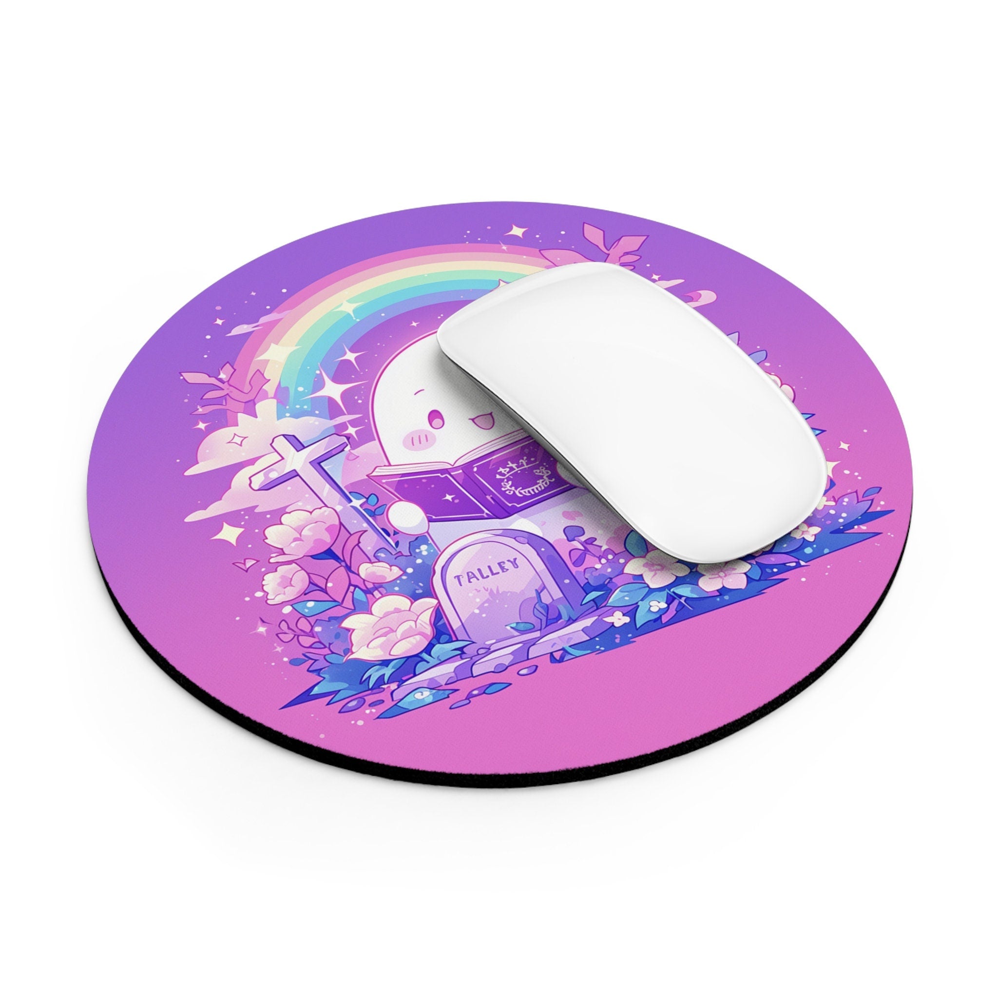 Ghost Reading Mousepad Floral Kawaii Decor, Moon and Stars, Round Mouse Pad, Cozy Desk Mat, Witchy Ghost Aesthetic Desktop