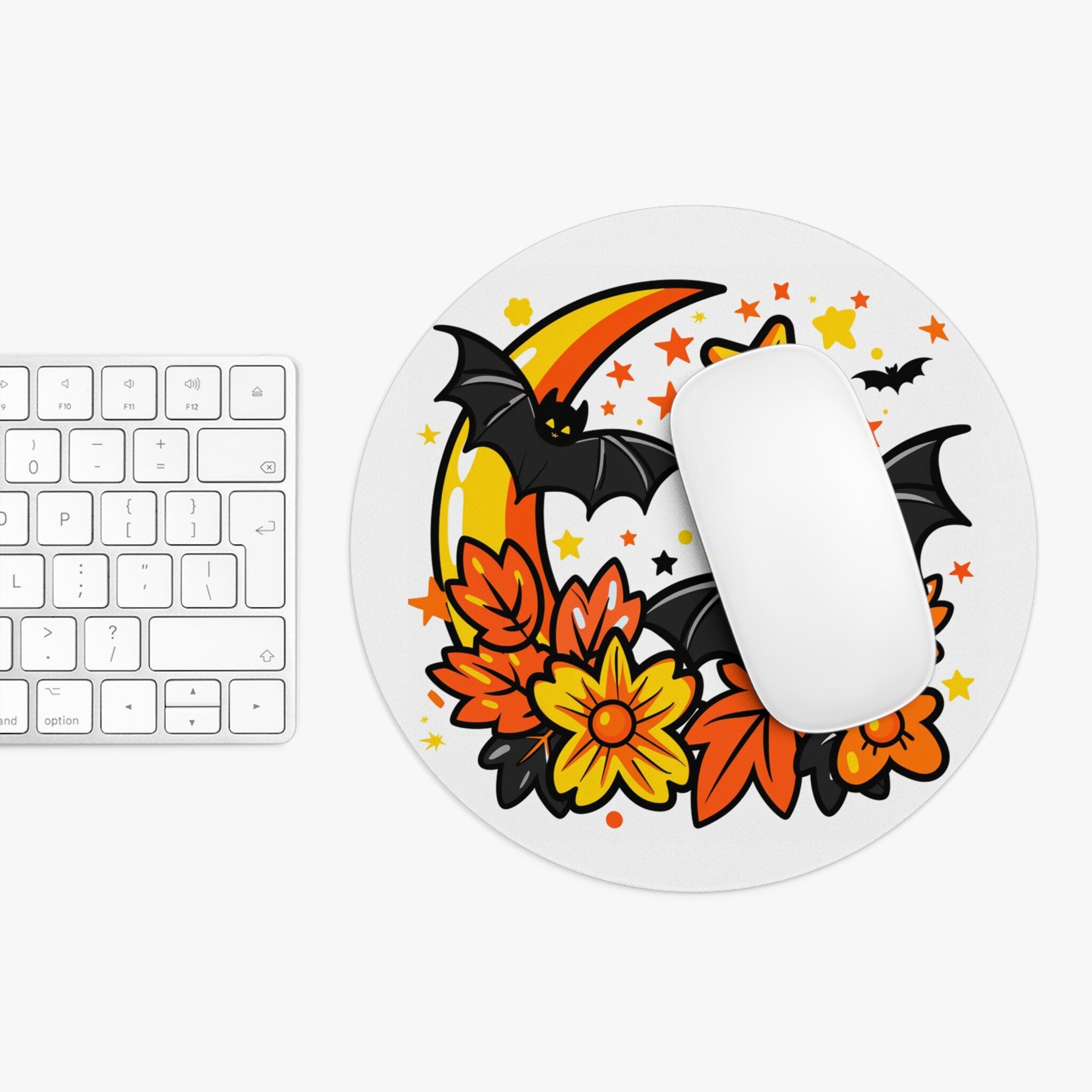 Mouse Pad Round Halloween Bats & Autumn Leaves - Cute Cartoon Office Desk Accessories - Aesthetic Office Decor - 7x7in Gift for Friend