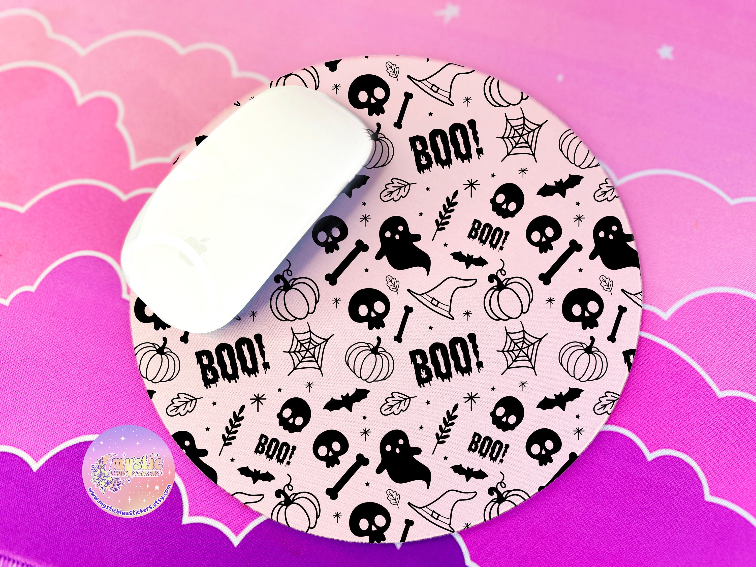 Mouse Pad Round Halloween Ghost Bats Pumpkins Boo - Cute Cartoon Office Desk Accessories - Aesthetic Office Decor - 7x7in Gift for Friend