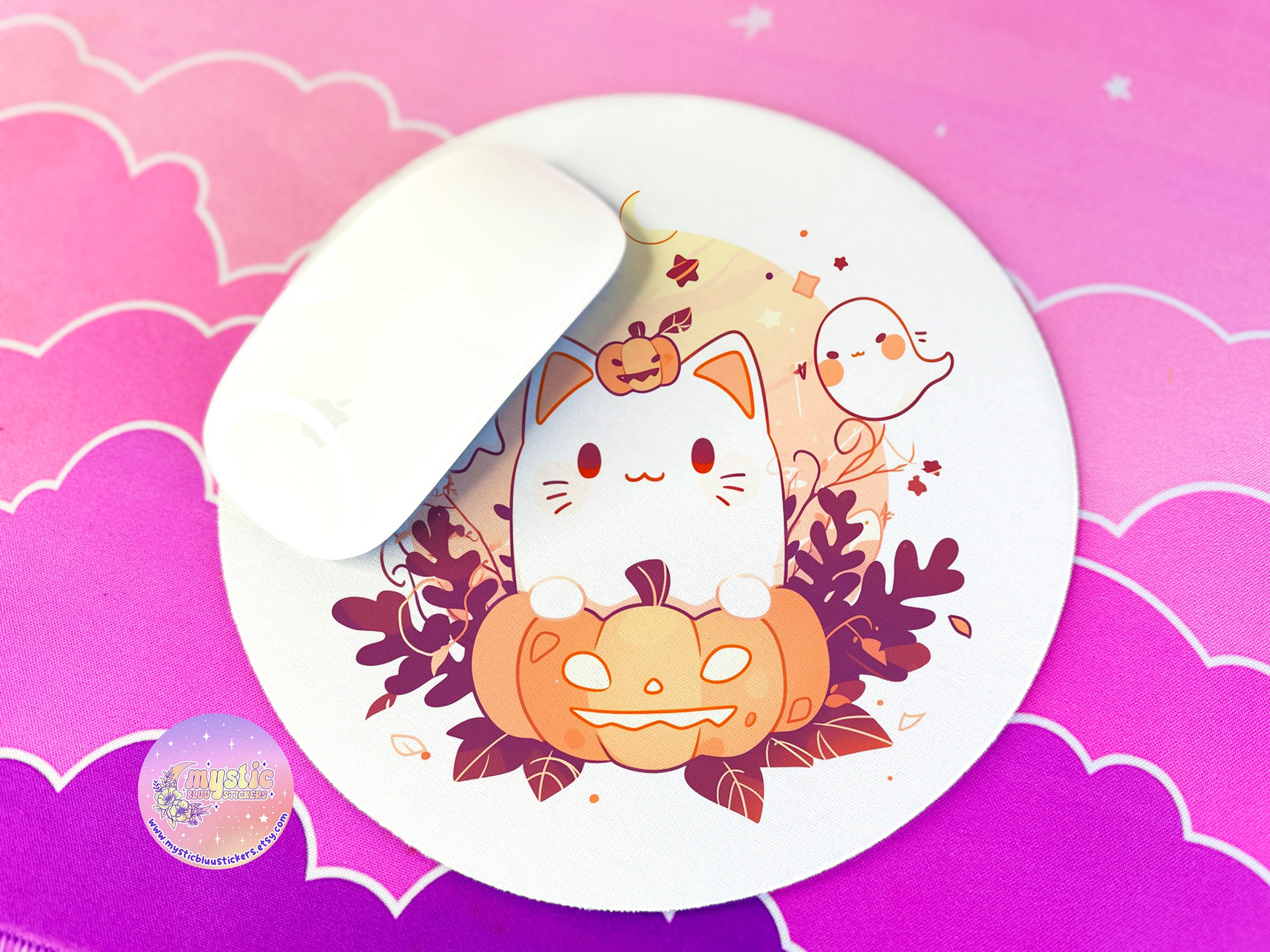 Cute Ghost Cat Mouse Pad Round Halloween - Cartoon Office Desk Accessories - Cat Lover - Aesthetic Office Decor - 7x7in Gift for Friend