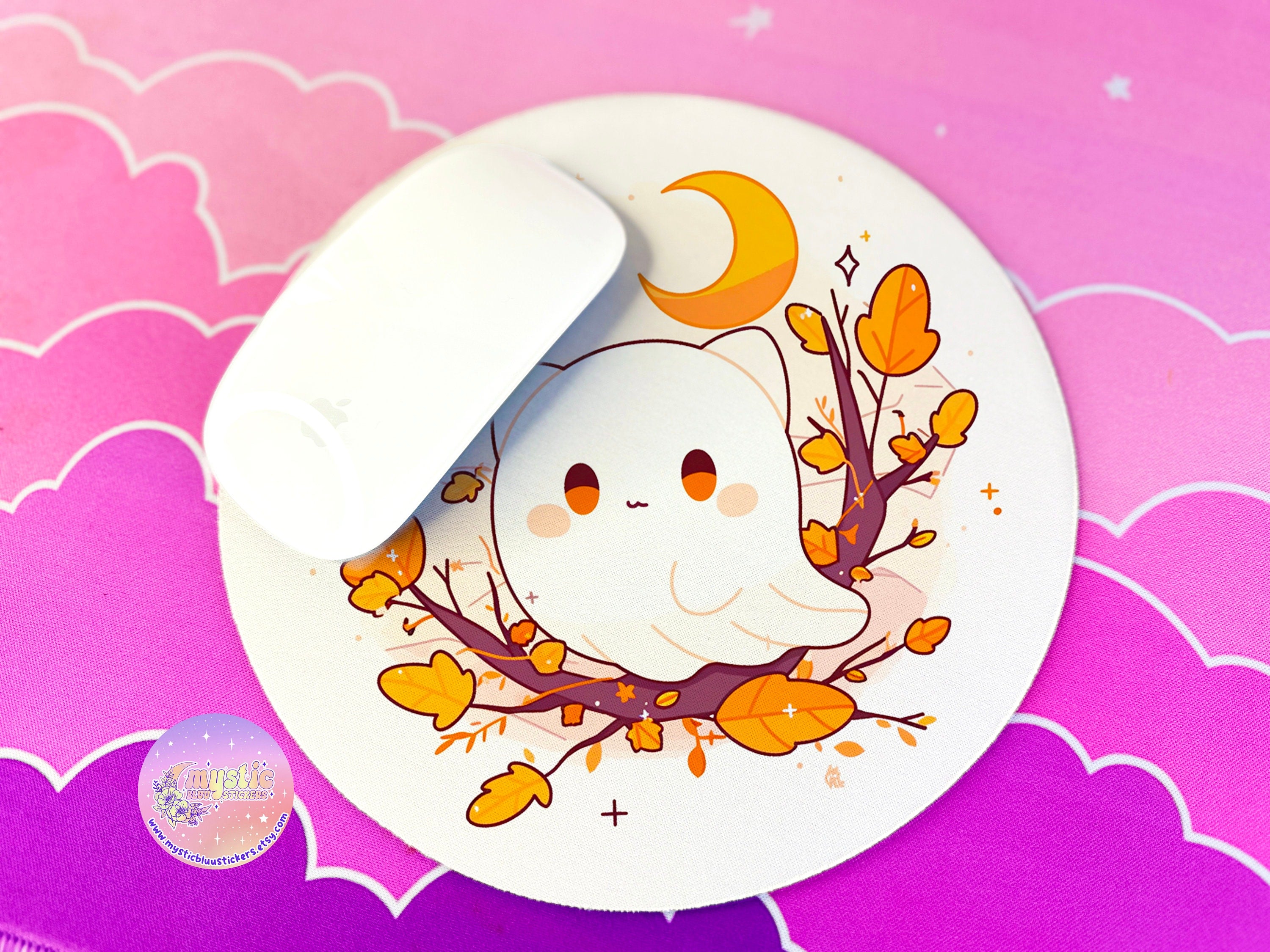 Aesthetic Cat Ghost Mousepad Autumn Leaves Kawaii Decor, Moon and Stars, Round Mouse Pad, Cozy Desk Mat, Ghost Aesthetic Desktop