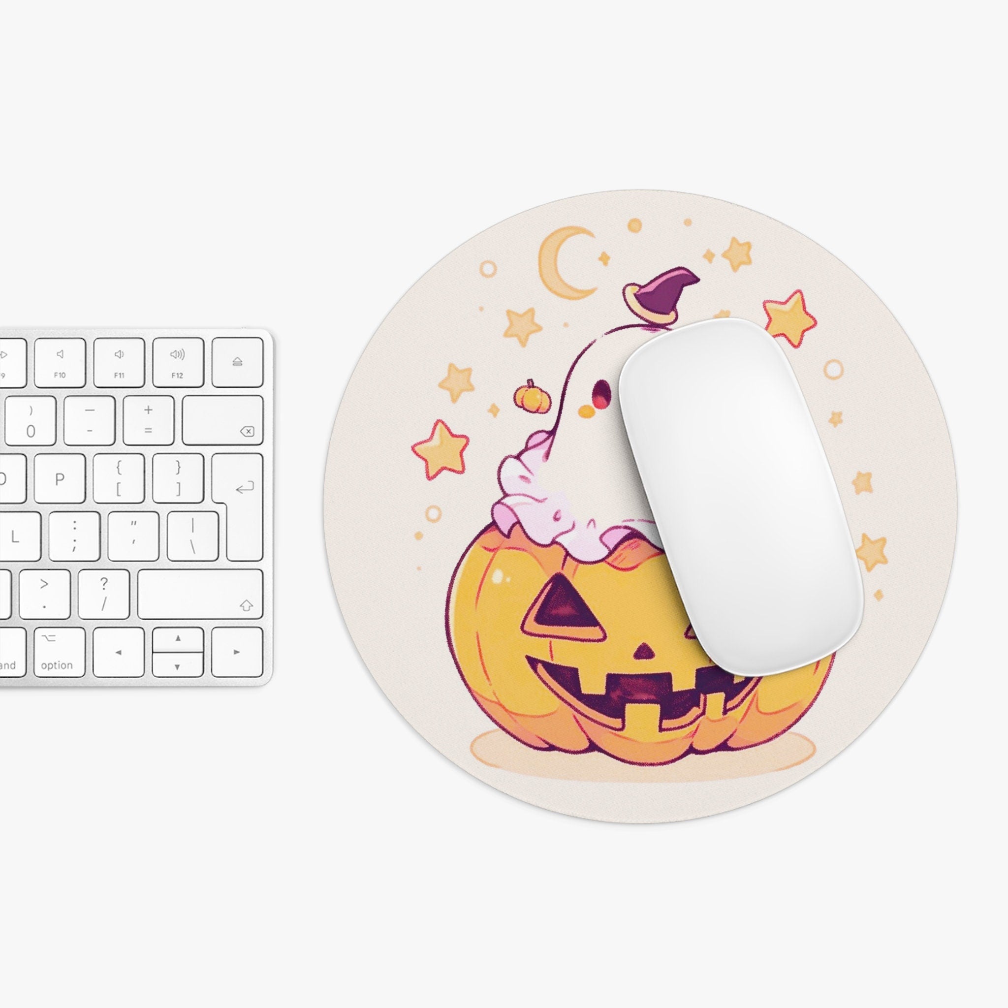 Aesthetic Ghost Mousepad Pumpkin Autumn Leaves Kawaii Decor, Moon and Stars, Round Mouse Pad, Cozy Desk Mat, Ghost Aesthetic Desktop