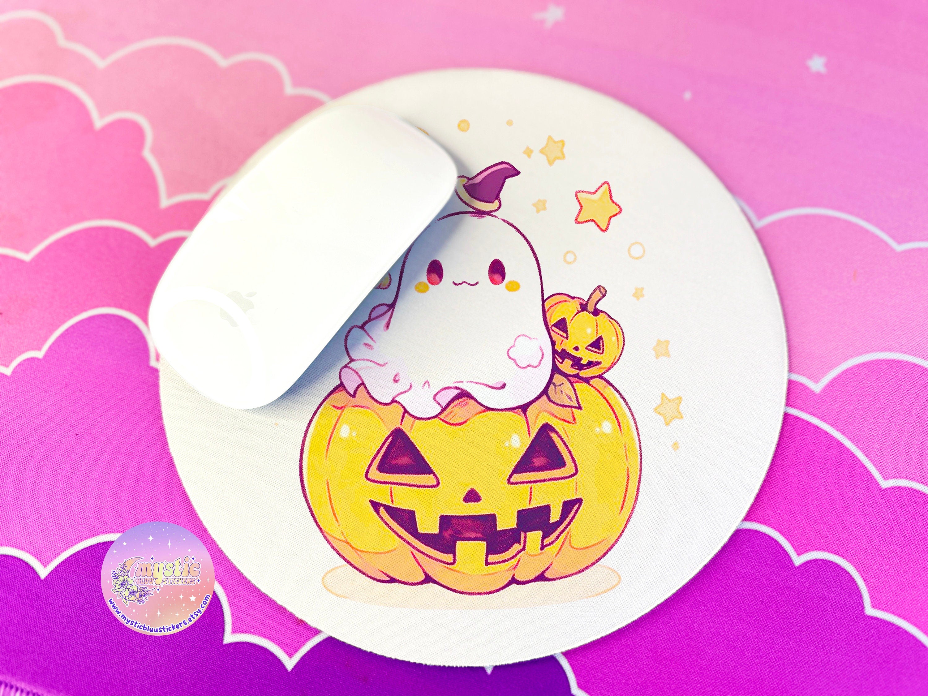 Aesthetic Ghost Mousepad Pumpkin Autumn Leaves Kawaii Decor, Moon and Stars, Round Mouse Pad, Cozy Desk Mat, Ghost Aesthetic Desktop