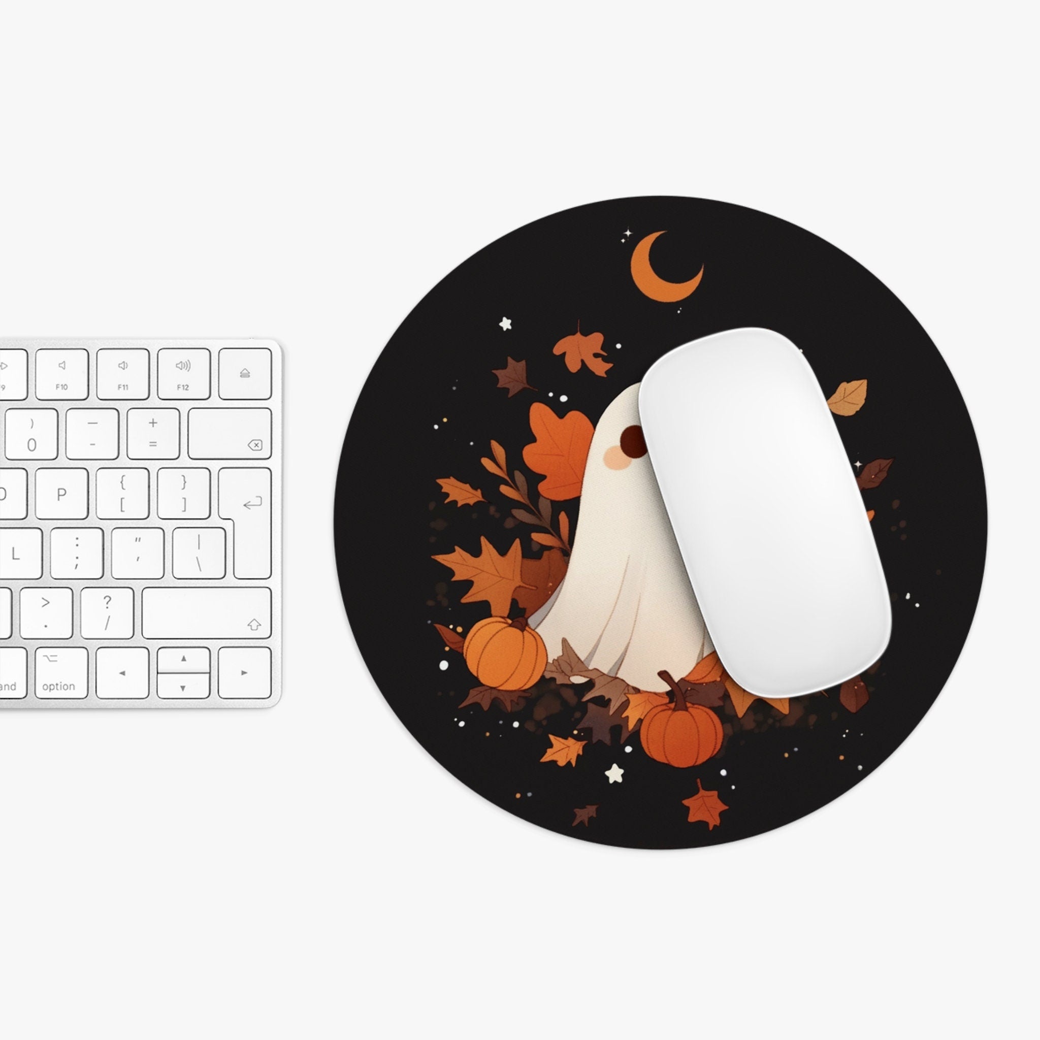 Aesthetic Ghost Mousepad Pumpkin Autumn Leaves Kawaii Decor, Moon and Stars, Round Mouse Pad, Cozy Desk Mat, Ghost Aesthetic Desktop