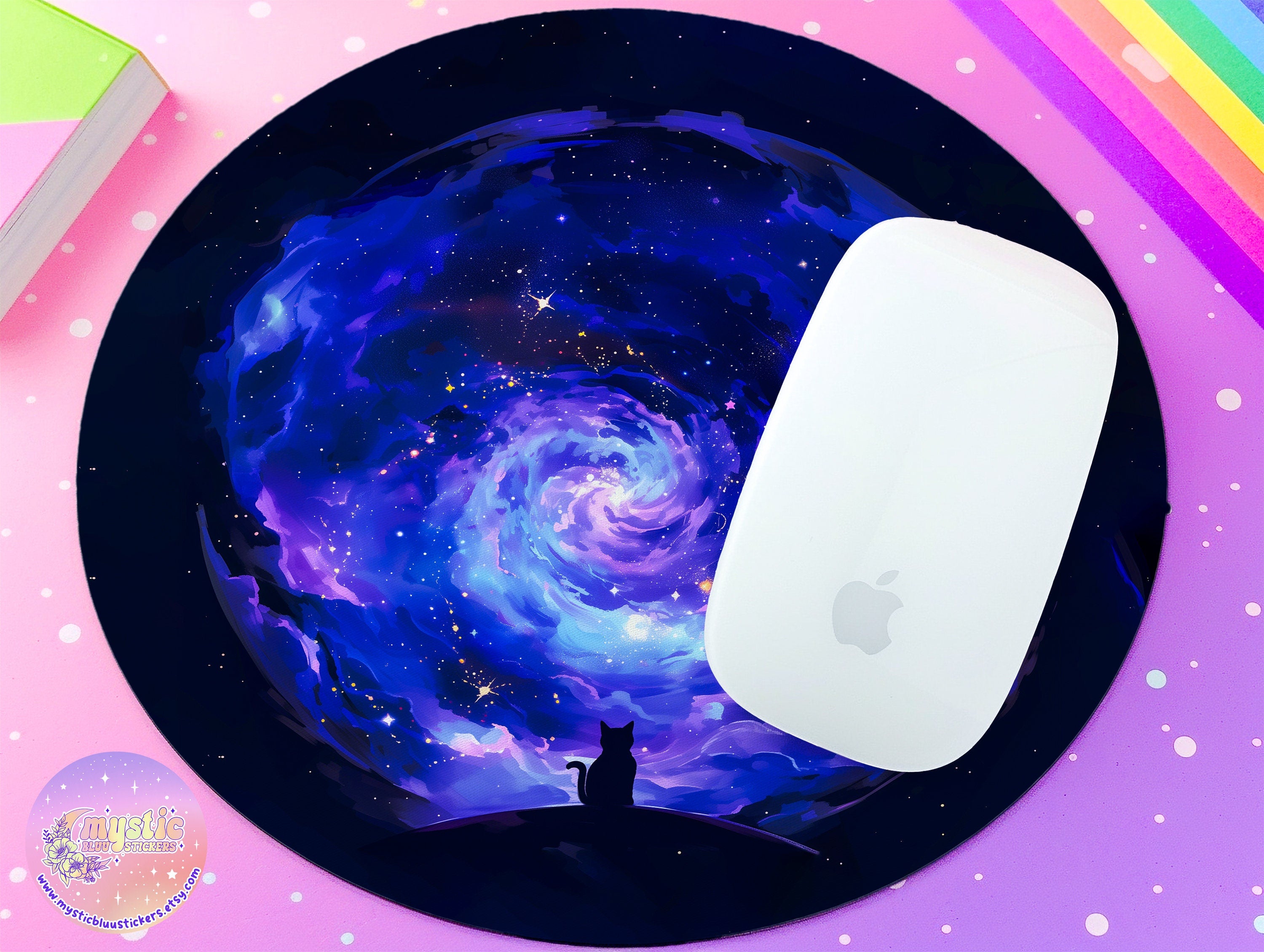 Galaxy Mousepad Cat Vaporwave Office Decor - Moon and Stars Round Mouse Pad - Cute Cozy Desk Mat - Celestial Cat Aesthetic Desktop