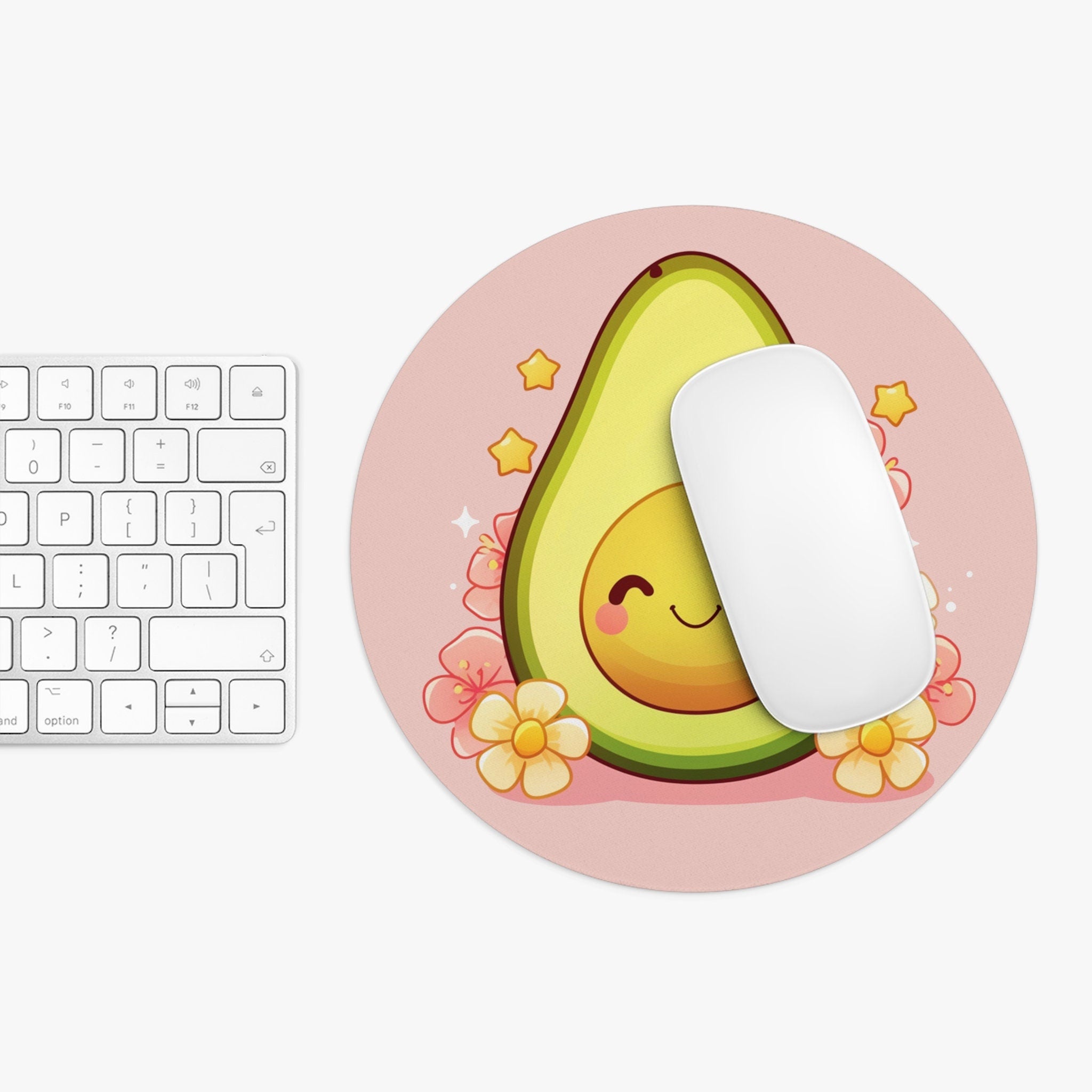 Avocado Mousepad Kawaii Office Decor - Floral Cartoon Round Mouse Pad - Cute Cozy Illustration Desk Mat - Fruit Girly Aesthetic Desktop