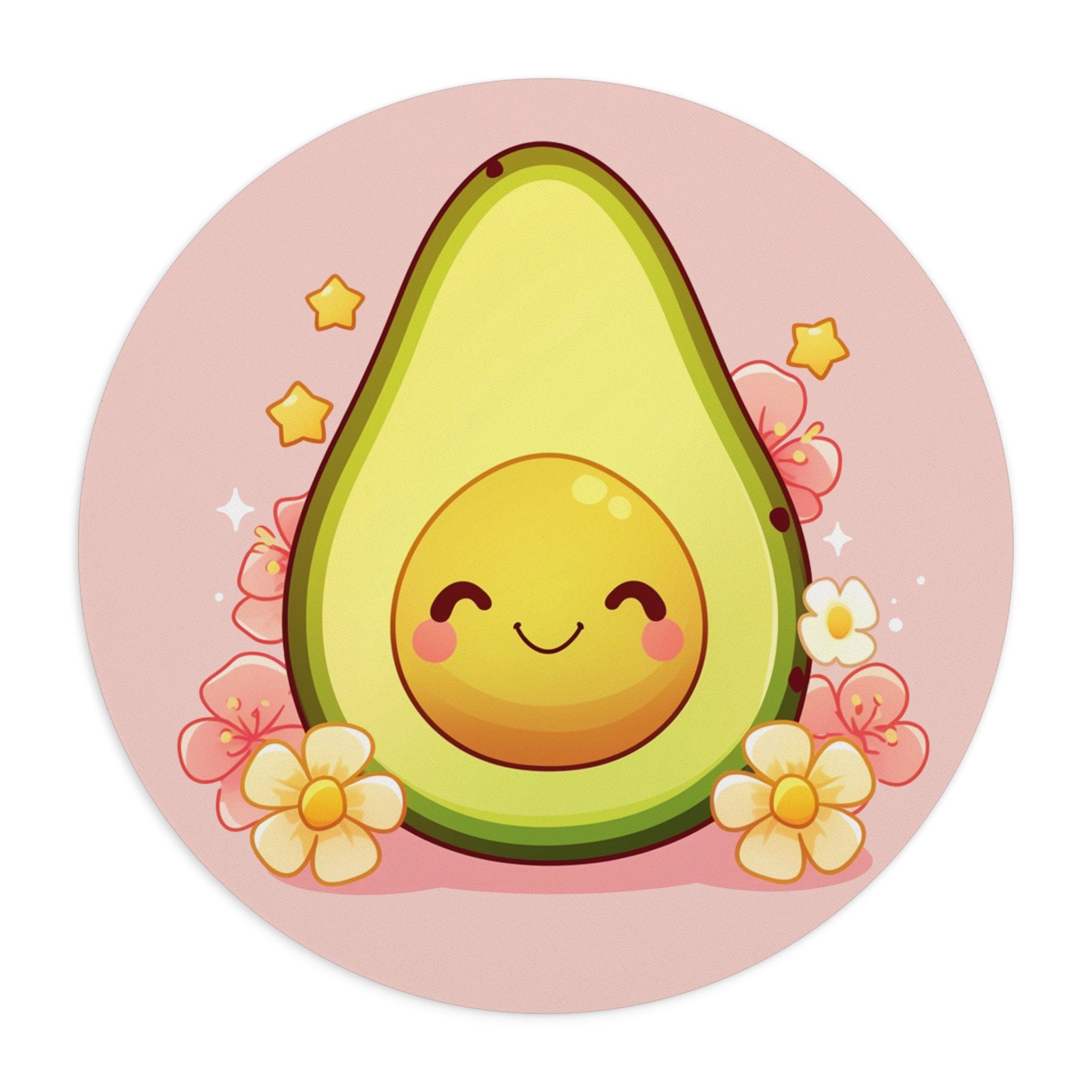 Avocado Mousepad Kawaii Office Decor - Floral Cartoon Round Mouse Pad - Cute Cozy Illustration Desk Mat - Fruit Girly Aesthetic Desktop