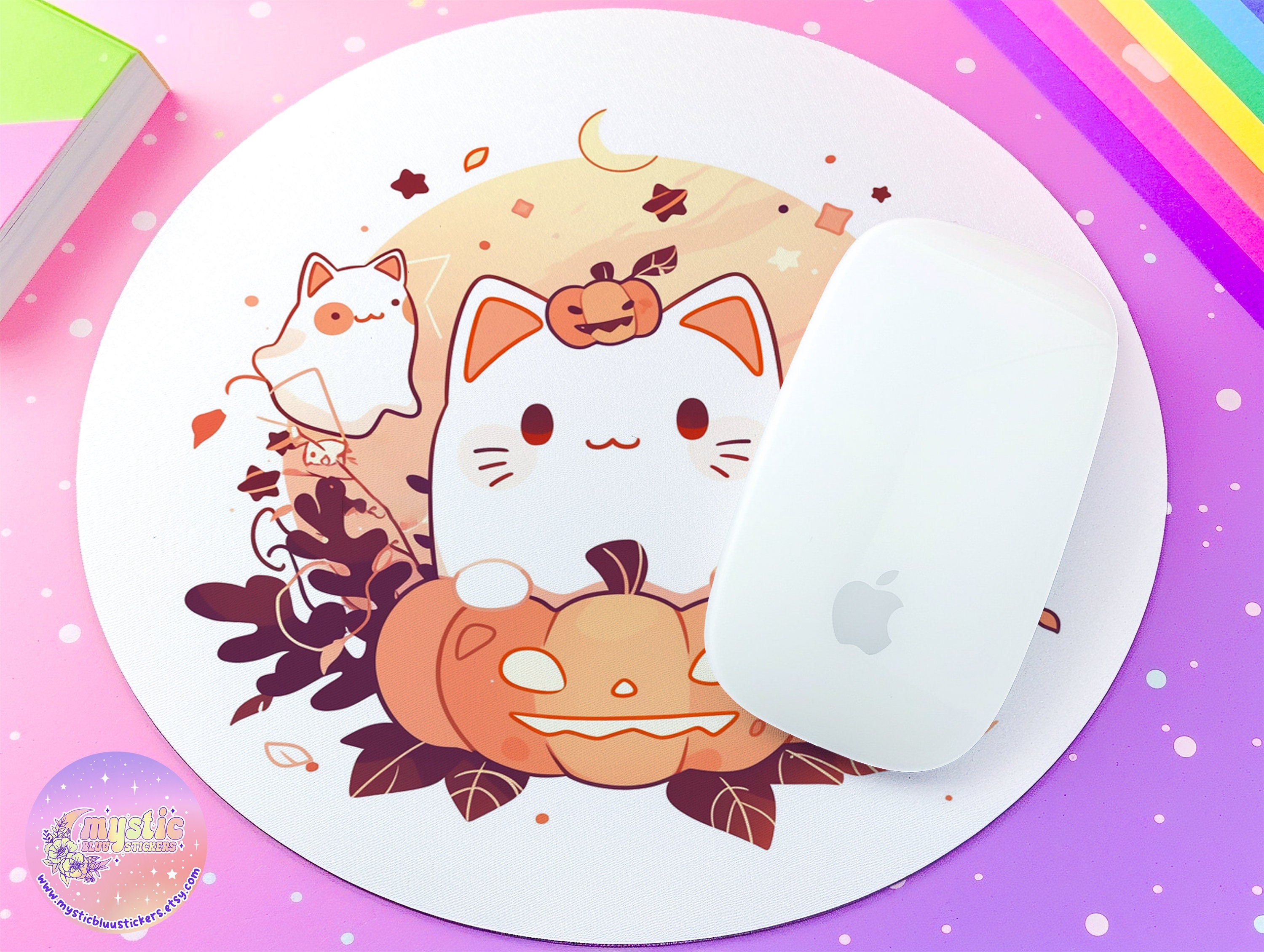 Cute Ghost Cat Mouse Pad Round Halloween - Cartoon Office Desk Accessories - Cat Lover - Aesthetic Office Decor - 7x7in Gift for Friend