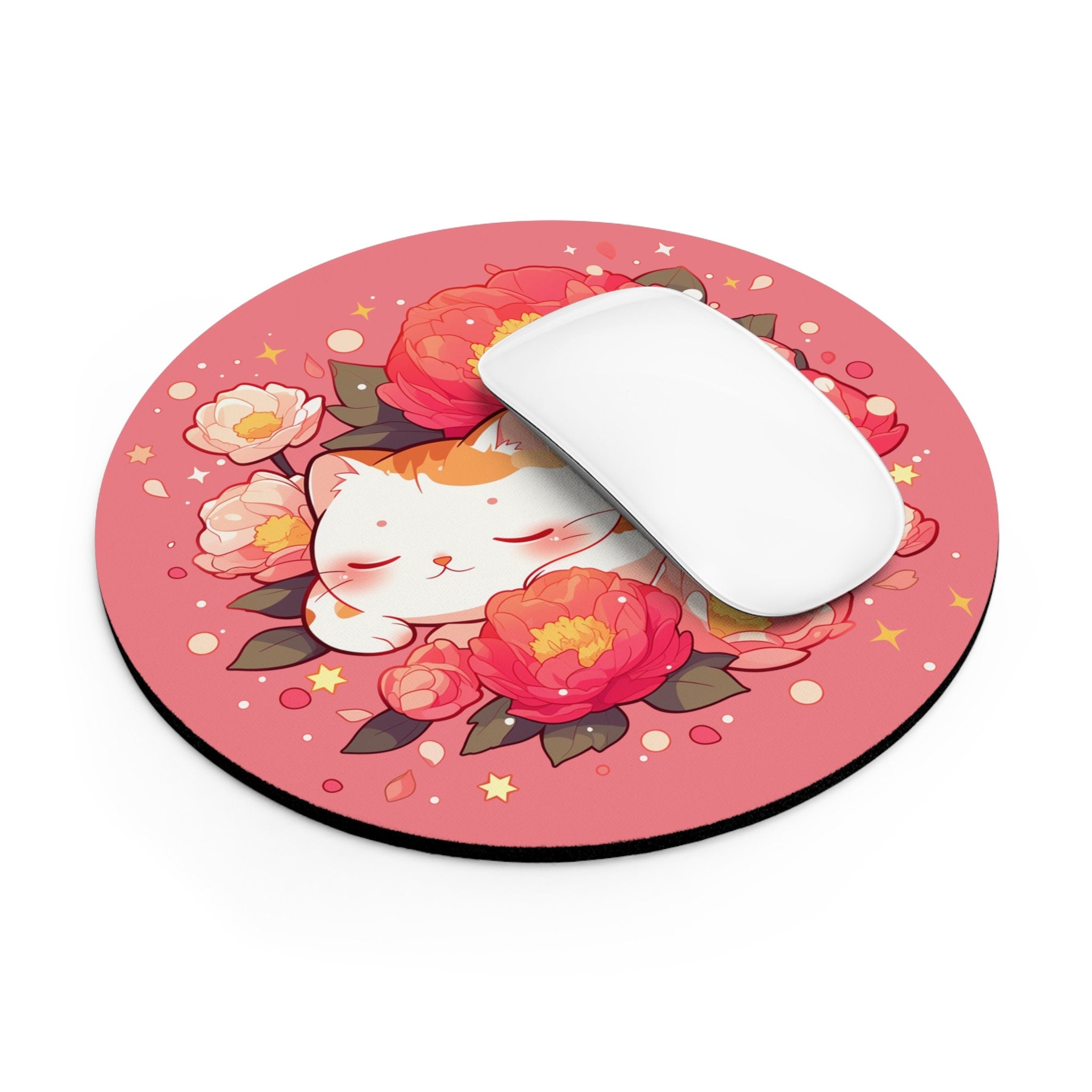 Floral Mousepad Kawaii Office Decor - Sleeping Cat Cartoon Round Mouse Pad - Cute Cozy Illustration Desk Mat - Fruit Girly Aesthetic Desktop