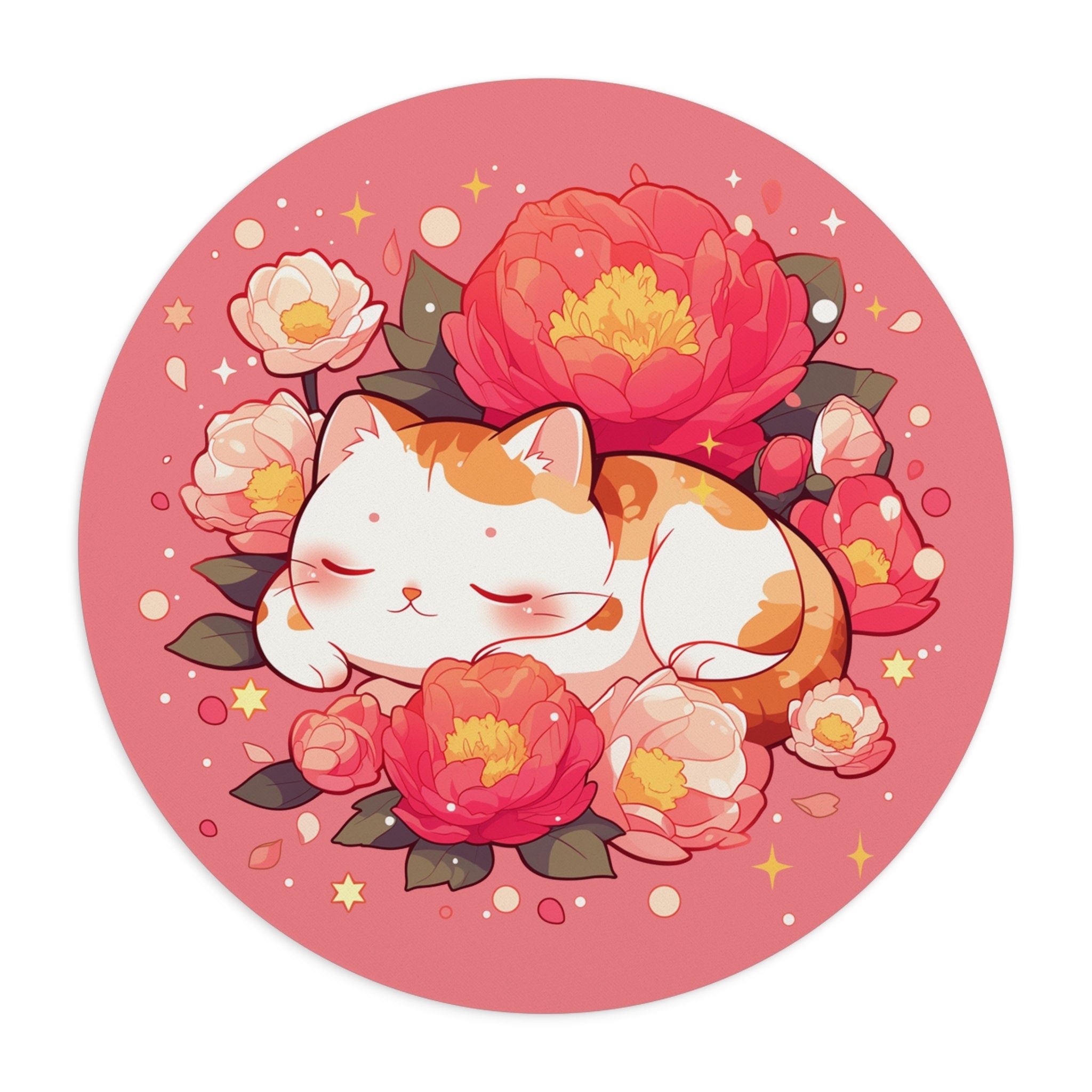 Floral Mousepad Kawaii Office Decor - Sleeping Cat Cartoon Round Mouse Pad - Cute Cozy Illustration Desk Mat - Fruit Girly Aesthetic Desktop