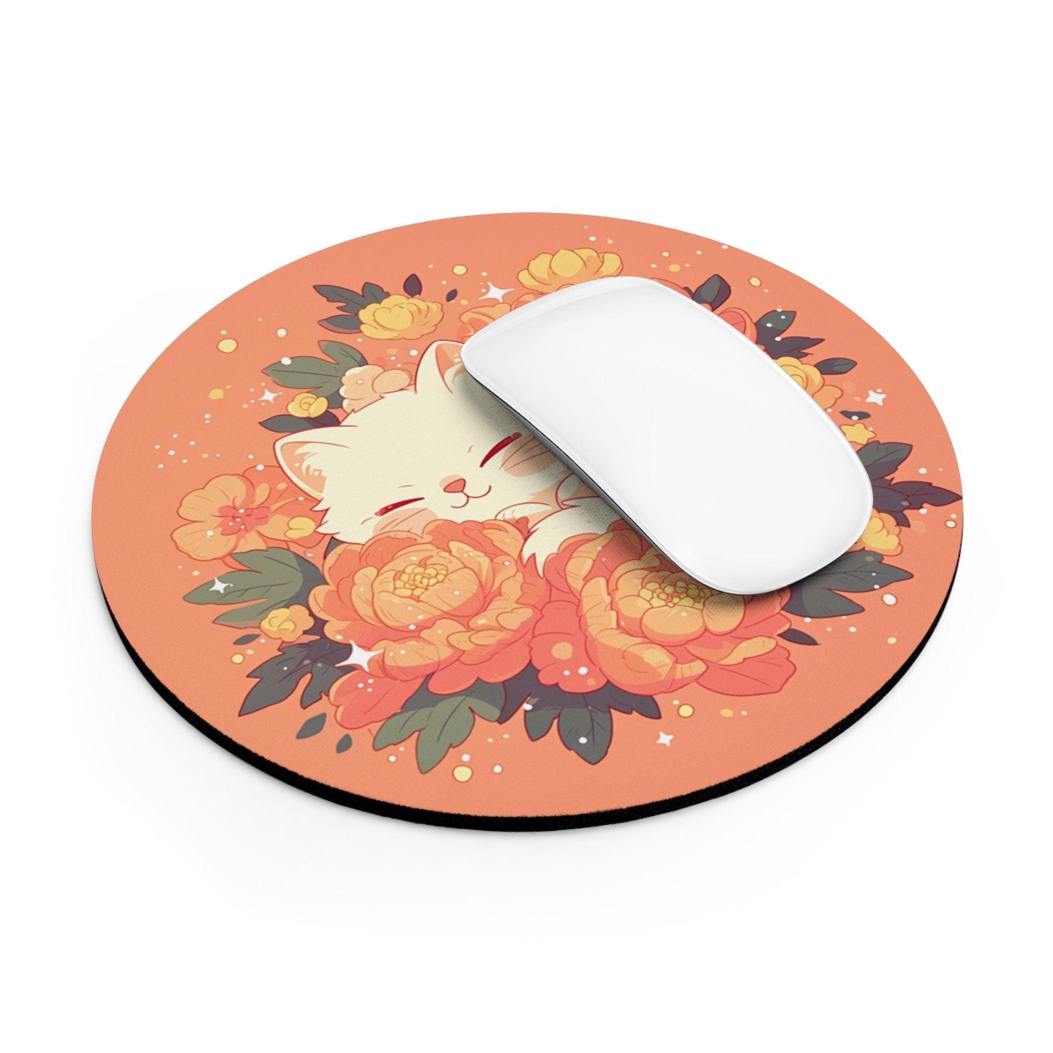 Floral Mousepad Kawaii Office Decor - Sleeping Cat Cartoon Round Mouse Pad - Cute Cozy Illustration Desk Mat - Fruit Girly Aesthetic Desktop