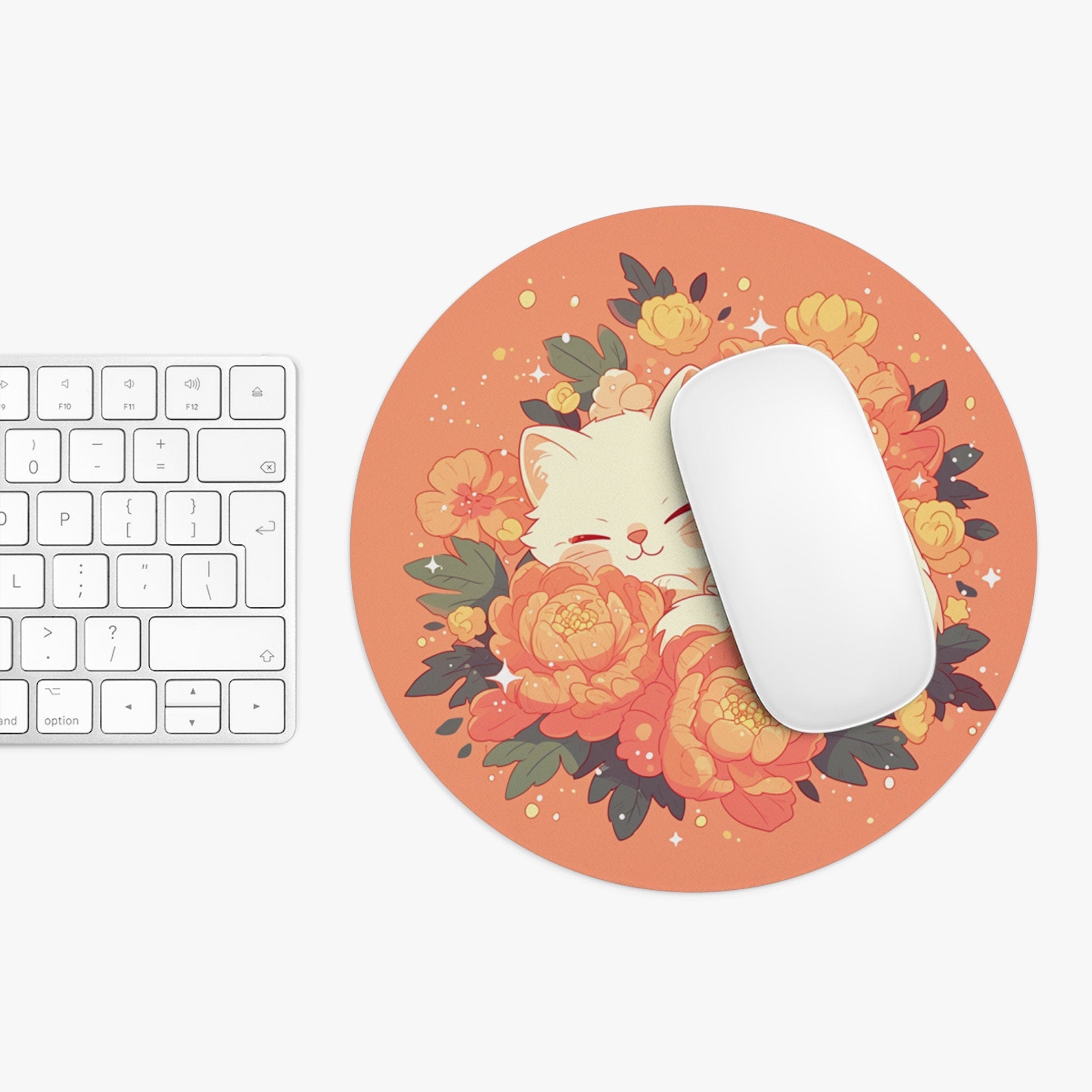 Floral Mousepad Kawaii Office Decor - Sleeping Cat Cartoon Round Mouse Pad - Cute Cozy Illustration Desk Mat - Fruit Girly Aesthetic Desktop