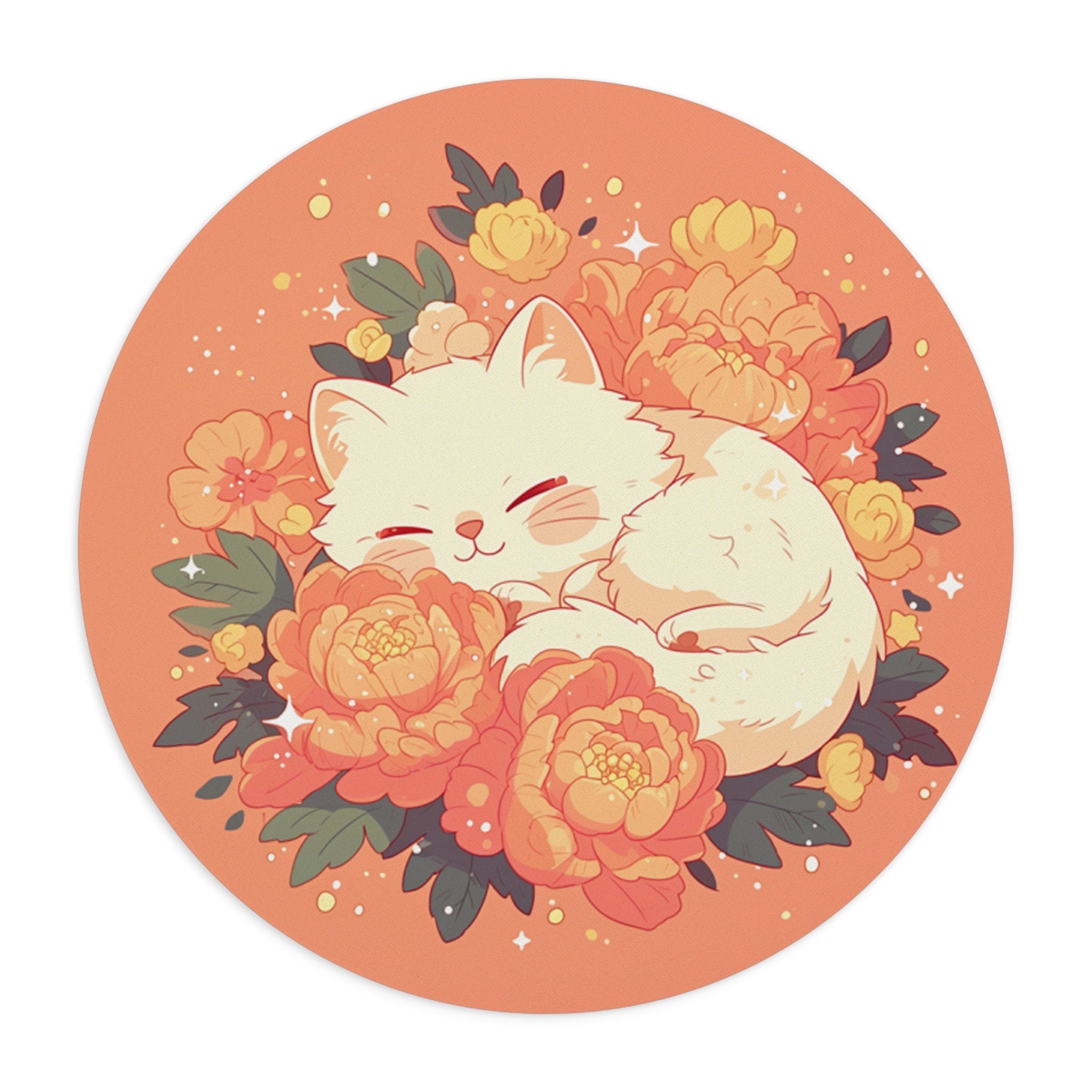 Floral Mousepad Kawaii Office Decor - Sleeping Cat Cartoon Round Mouse Pad - Cute Cozy Illustration Desk Mat - Fruit Girly Aesthetic Desktop