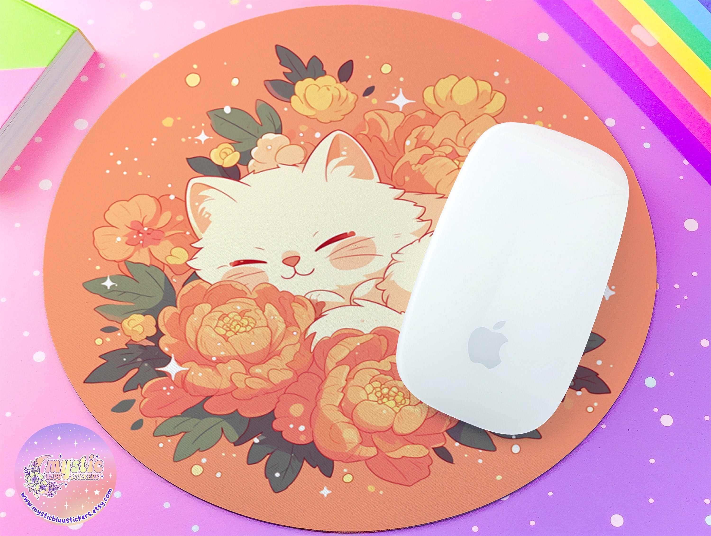 Floral Mousepad Kawaii Office Decor - Sleeping Cat Cartoon Round Mouse Pad - Cute Cozy Illustration Desk Mat - Fruit Girly Aesthetic Desktop