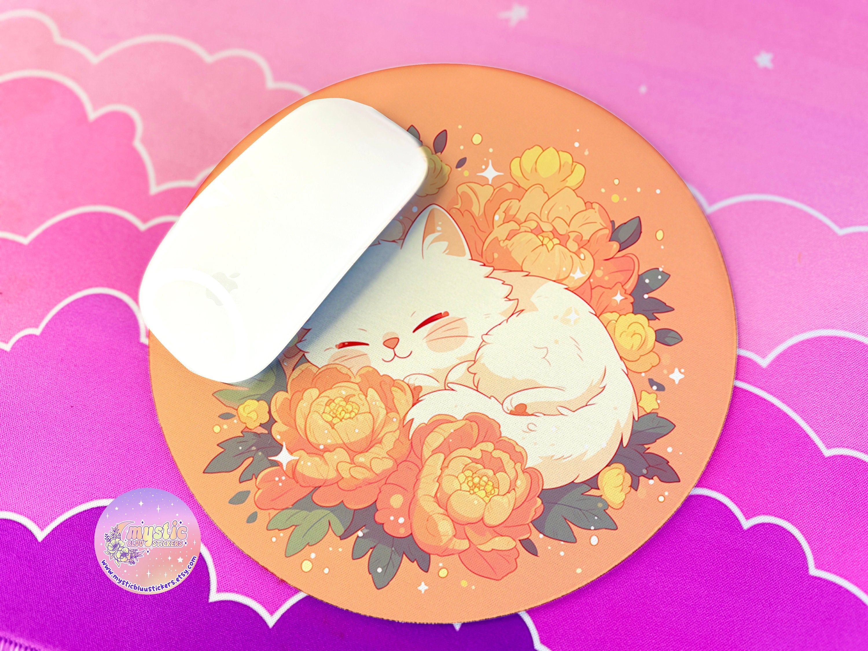 Floral Mousepad Kawaii Office Decor - Sleeping Cat Cartoon Round Mouse Pad - Cute Cozy Illustration Desk Mat - Fruit Girly Aesthetic Desktop