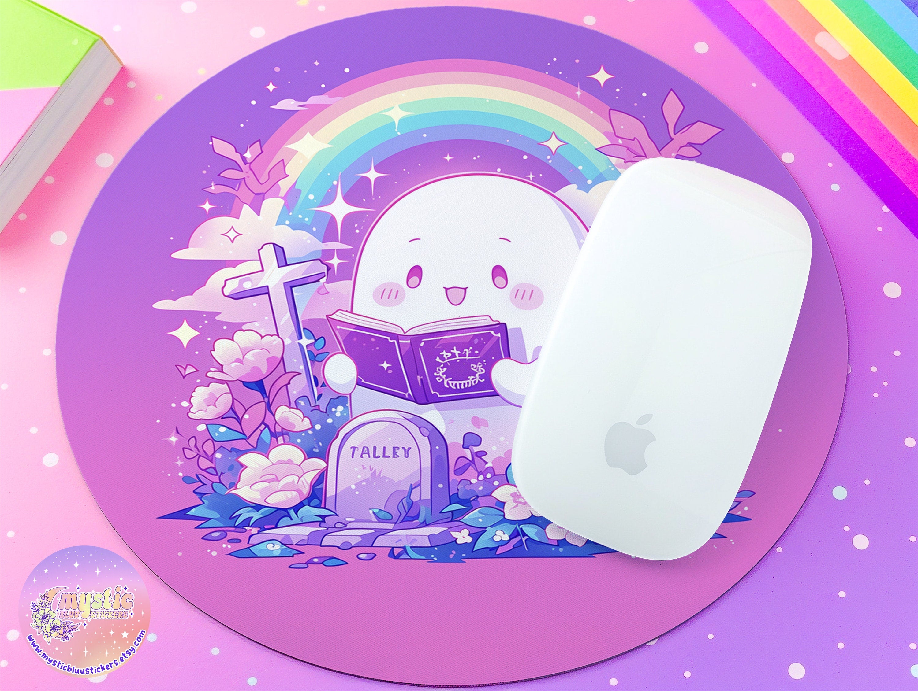 Ghost Reading Mousepad Floral Kawaii Decor, Moon and Stars, Round Mouse Pad, Cozy Desk Mat, Witchy Ghost Aesthetic Desktop