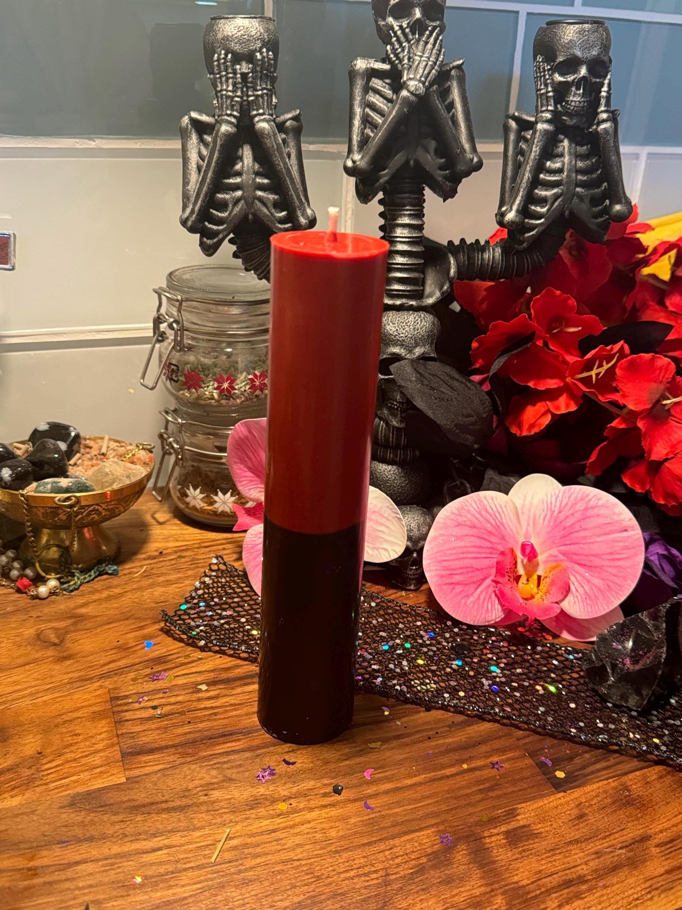 Jumbo Red and Black Ritual Candle, Pillar Reversing Return To Sender Spell Candle, Removal Of Hexes, Curses, Root Chakra, Color Magick