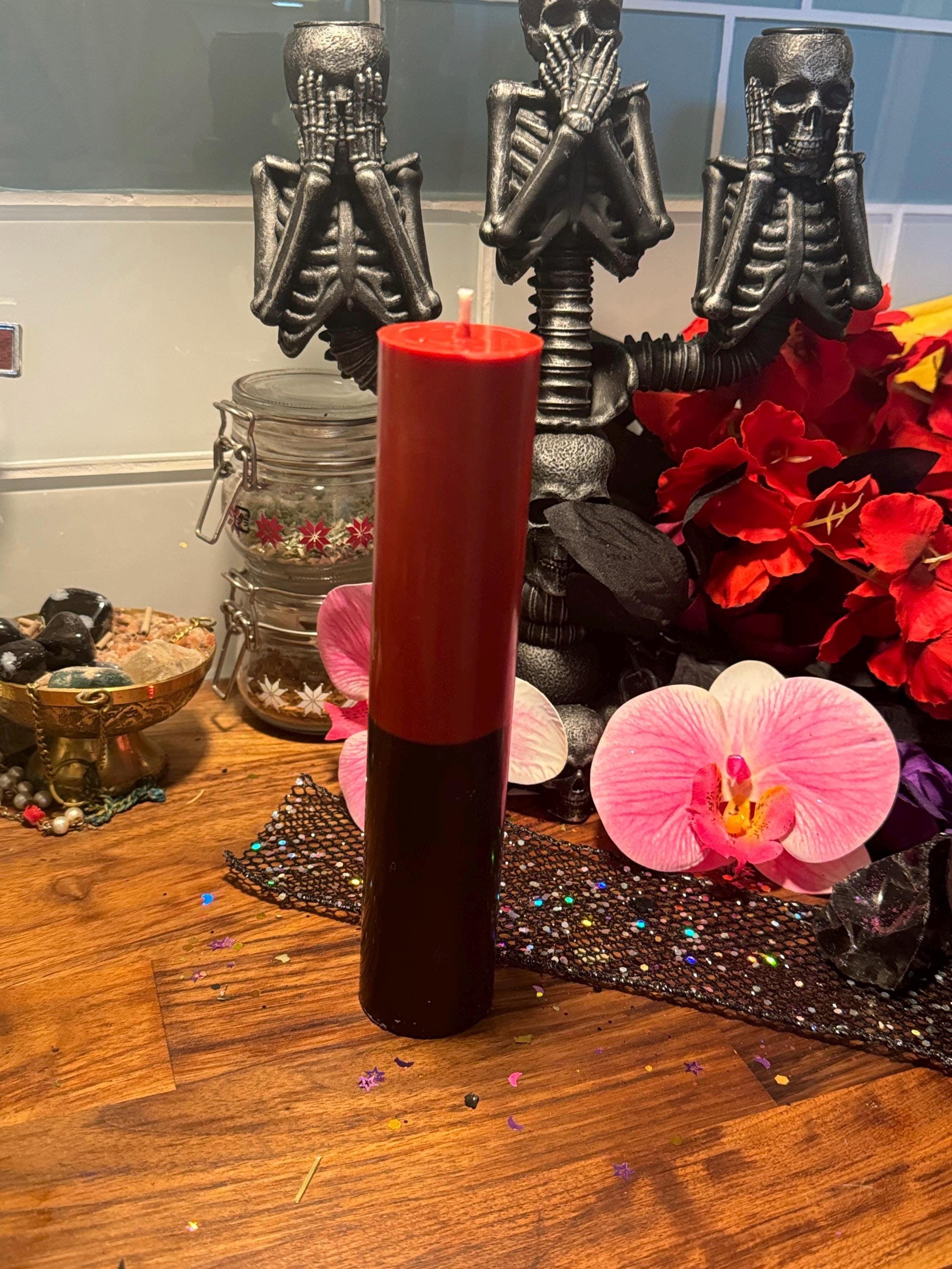 Jumbo Red and Black Reversal Spell Candle: Used for Return To Sender Spells 8in