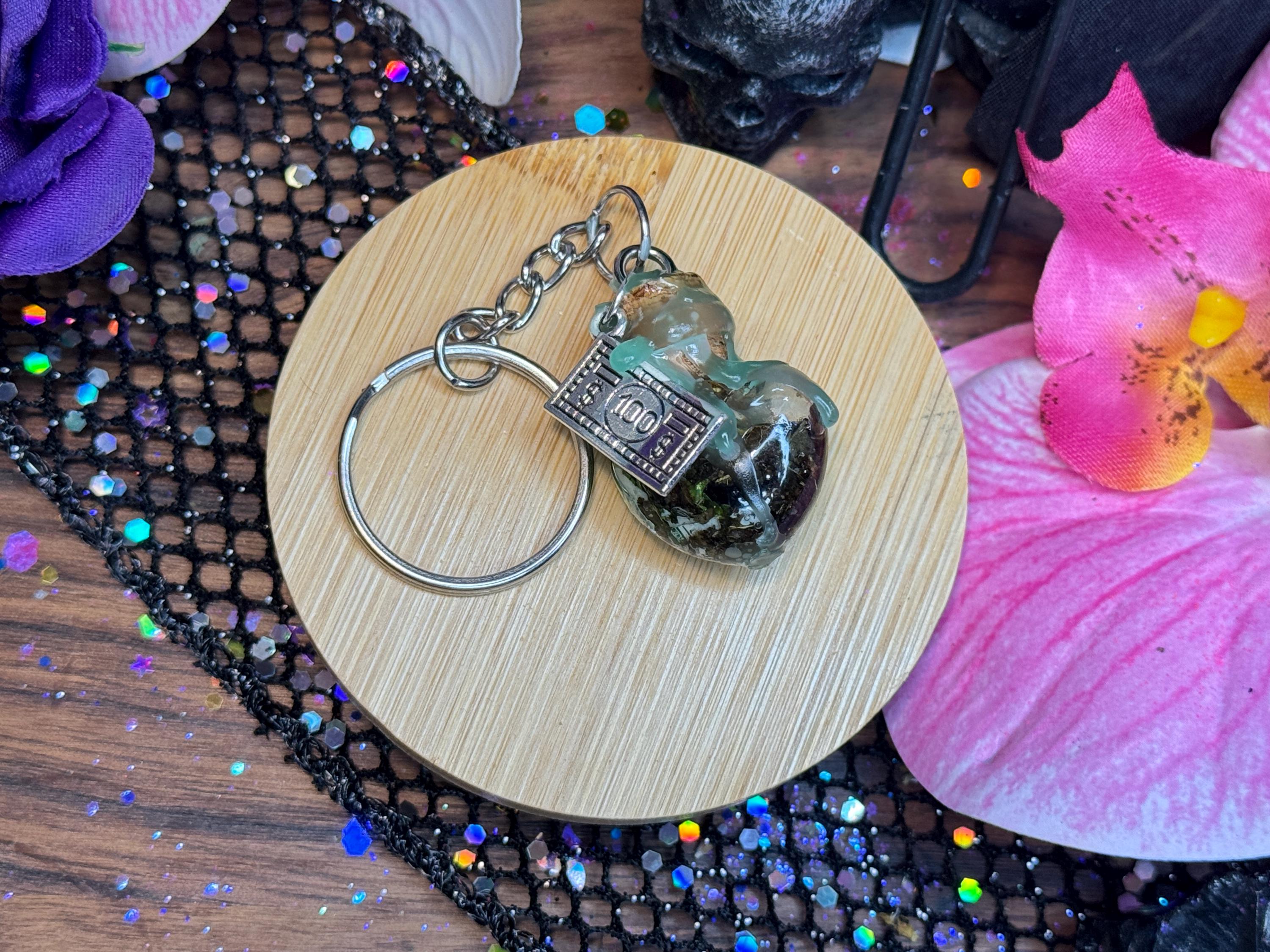 Money Spell Jar Bottle Keychain | Spiritual Jewelry | Lodestone Good Luck Prosperity Hoodoo