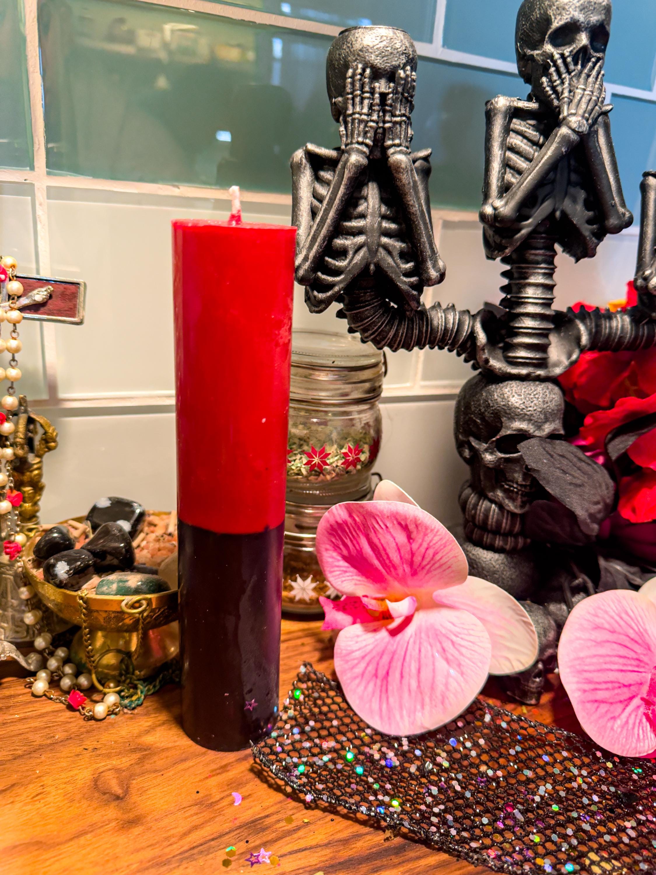 Jumbo Red and Black Ritual Candle, Pillar Reversing Return To Sender Spell Candle, Removal Of Hexes, Curses, Root Chakra, Color Magick