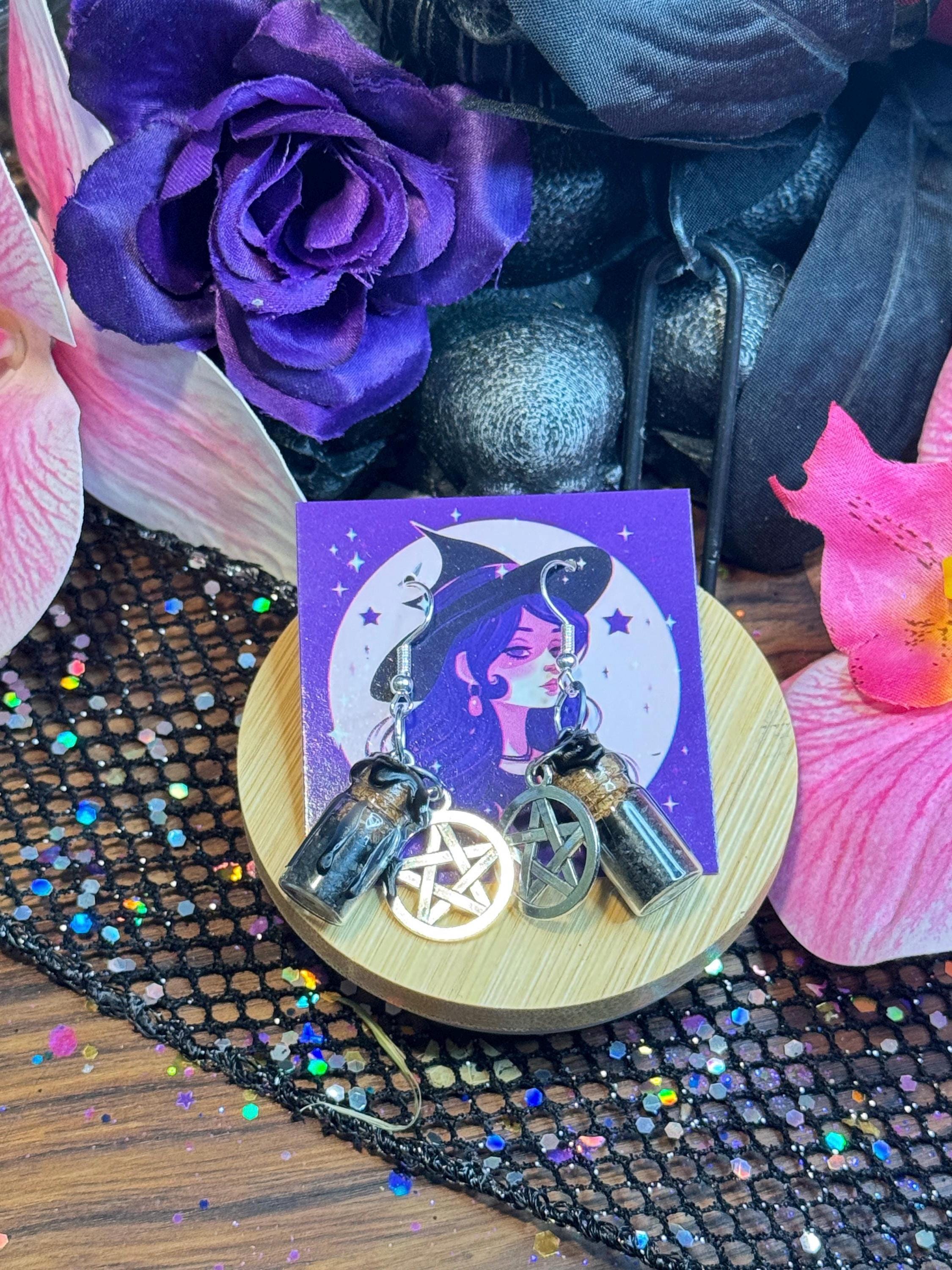 Protection Spell Jar Earrings - Banish Negative Energy - Witch Black Salt - Black Obsidian Crysta Spiritual Jewelry