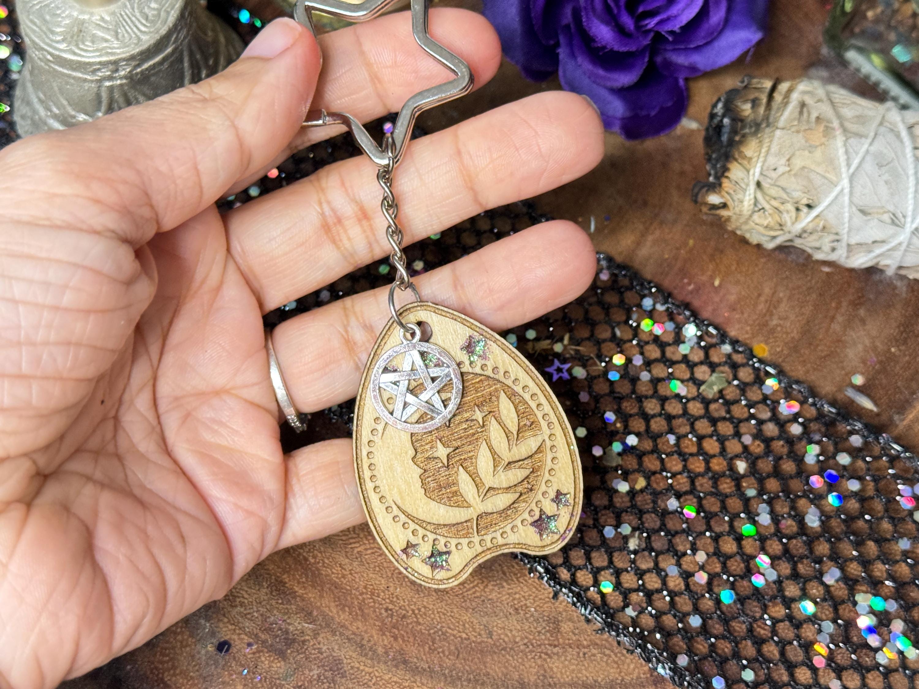 Planchette Wood Keychain, Engraved Witchy Protection with Pentacle Charm, Spellbound Enchanted Good Luck Talisman, Gift for Best Friend