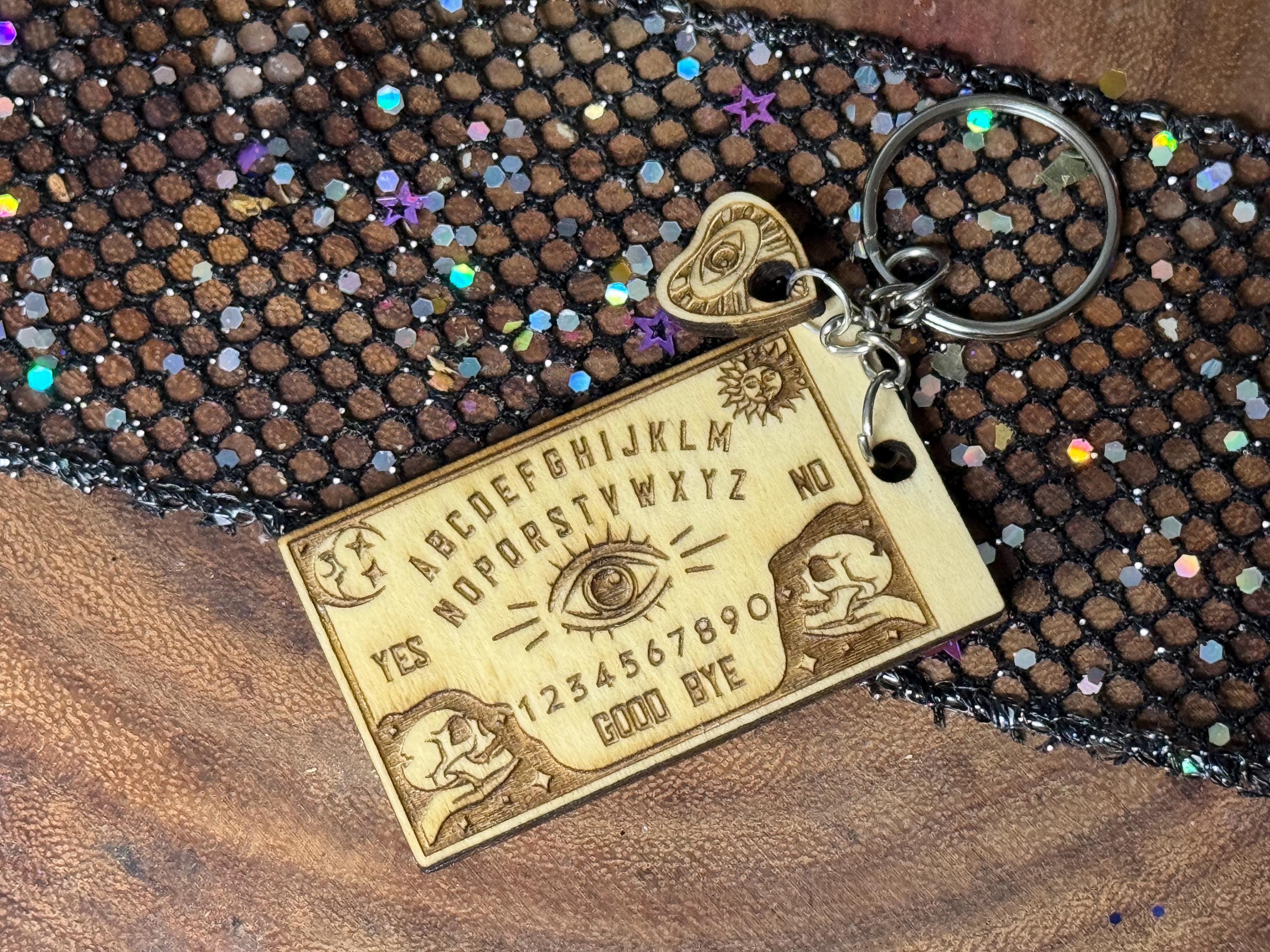 Ouija Wood Keychain, Engraved Witchy Protection with Pentacle Charm, Spellbound Enchanted Good Luck Talisman, Witchy Gifts