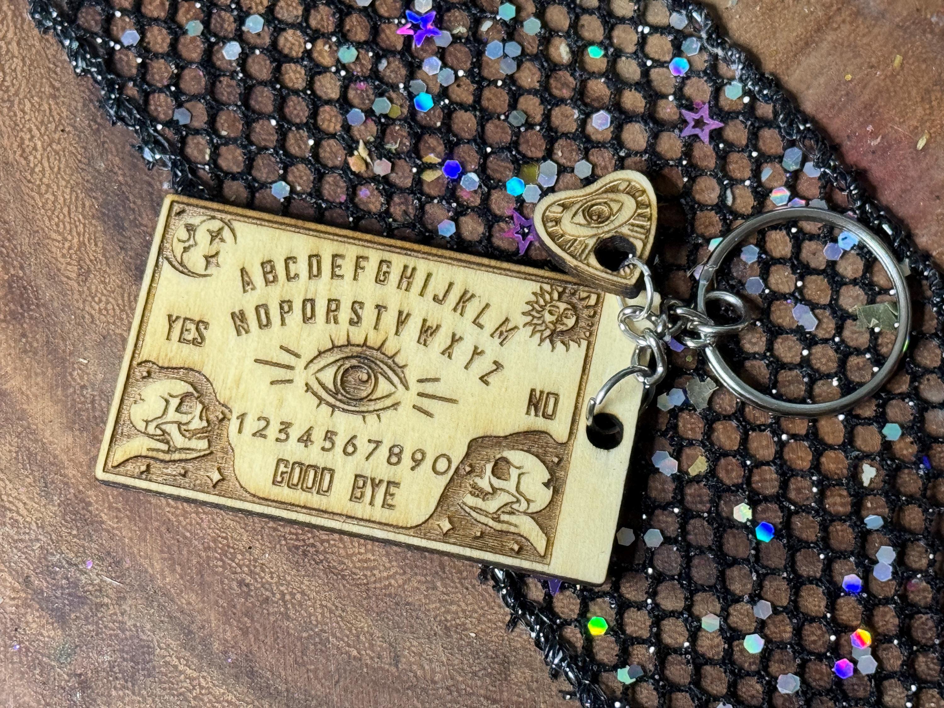 Ouija Wood Keychain, Engraved Witchy Protection with Pentacle Charm, Spellbound Enchanted Good Luck Talisman, Witchy Gifts