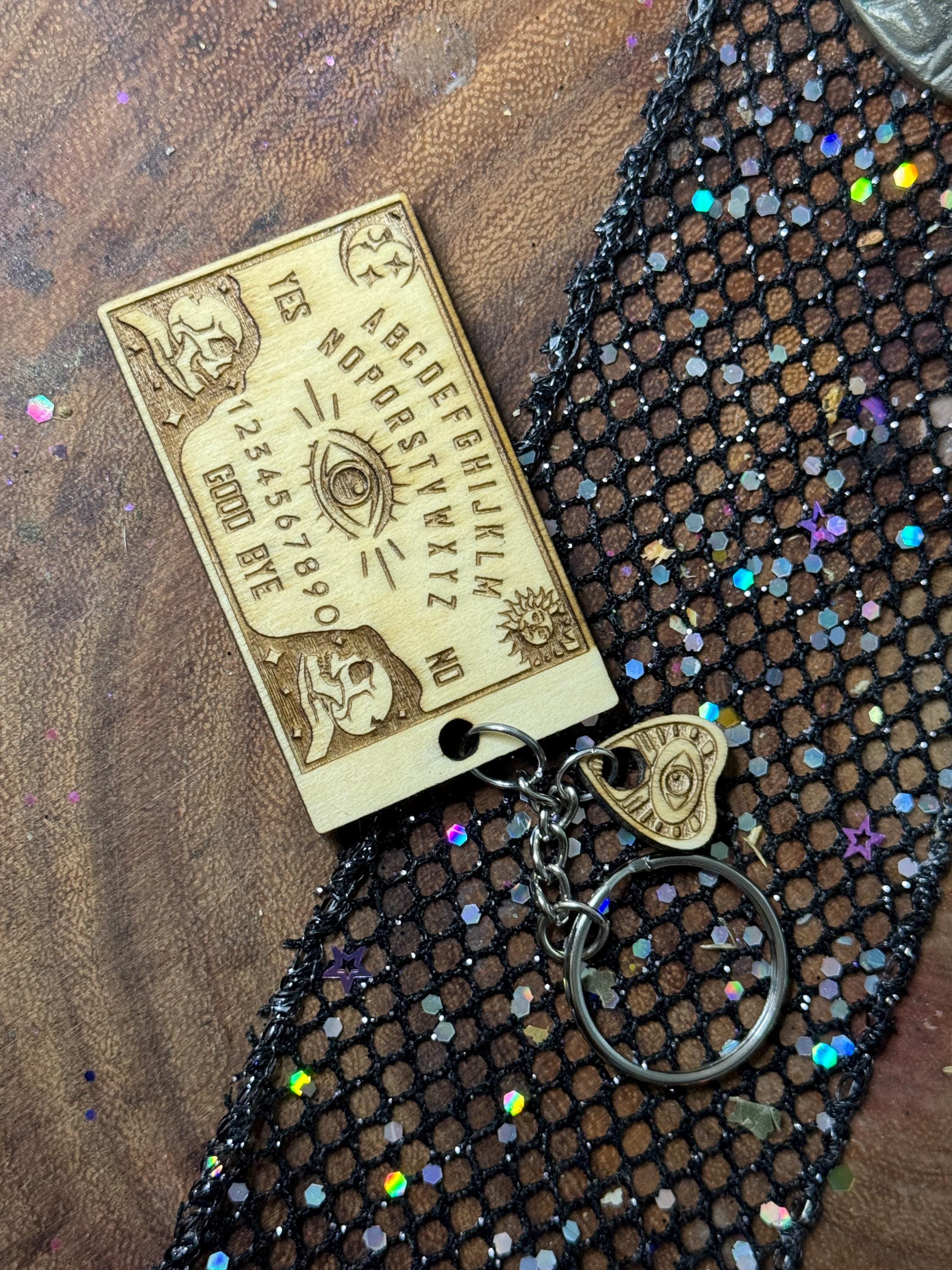 Ouija Wood Keychain, Engraved Witchy Protection with Pentacle Charm, Spellbound Enchanted Good Luck Talisman, Witchy Gifts