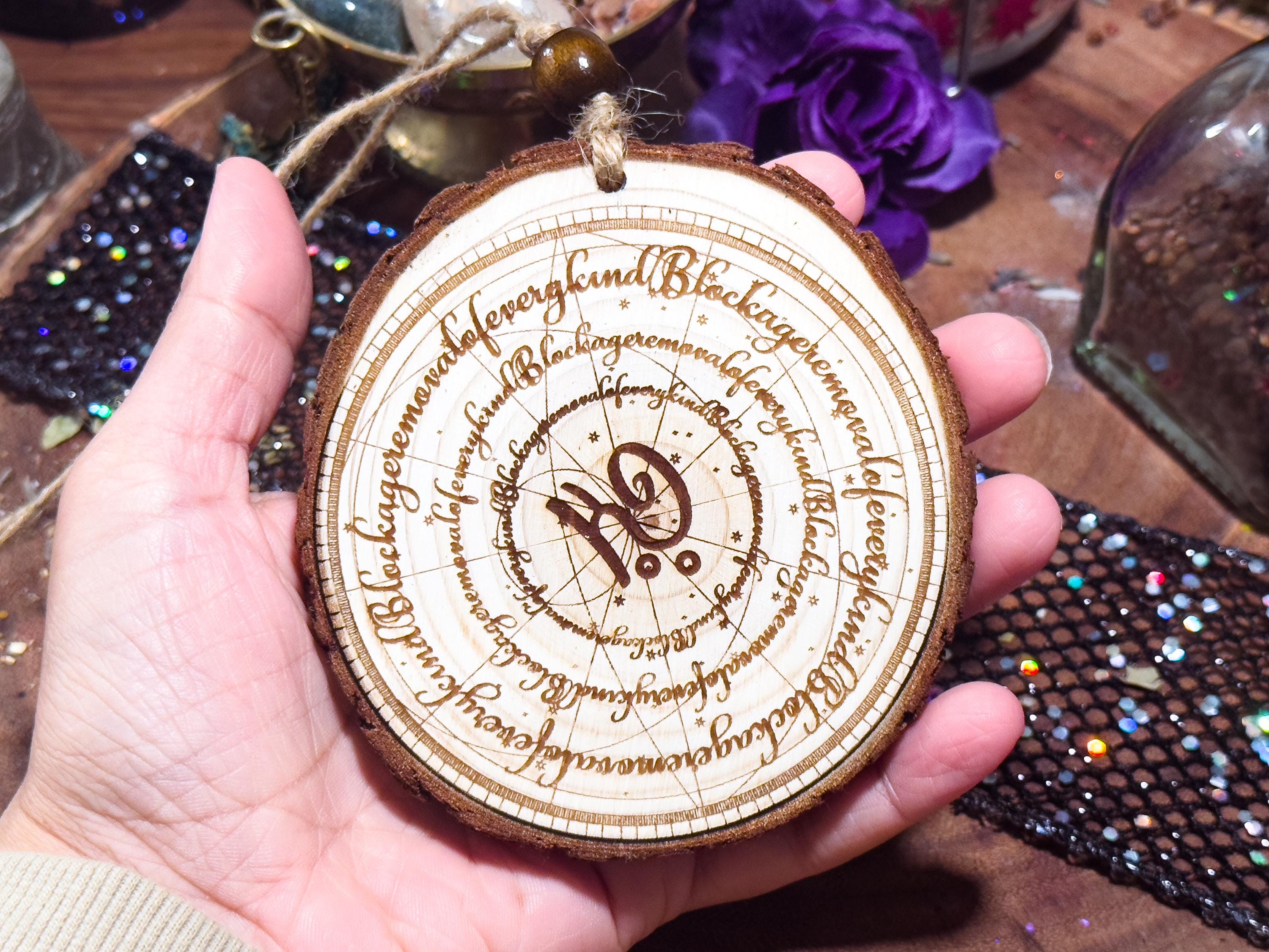 Wood Slice Spell Decor, Blockage Removal Sigil Amulet, Protection Talisman, Energy Clearing Ornament, Laser Engraved Doorway Charm