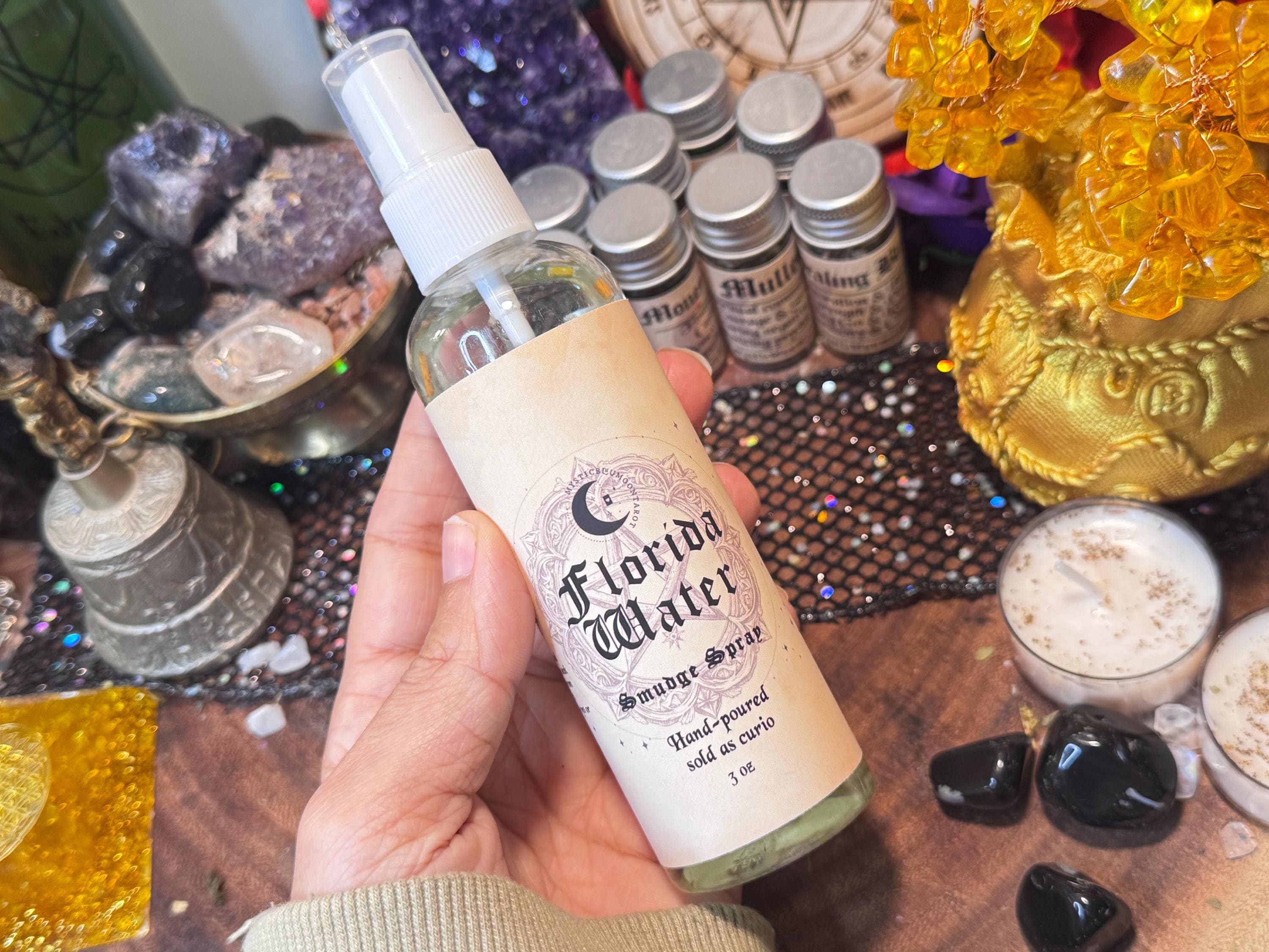 Florida Water Smudge Spray | 4oz Clear Negative Energy, Spiritual Curio Herbs Infused Spray, Smoke-Less Spray, Gift For Her, Handpoured