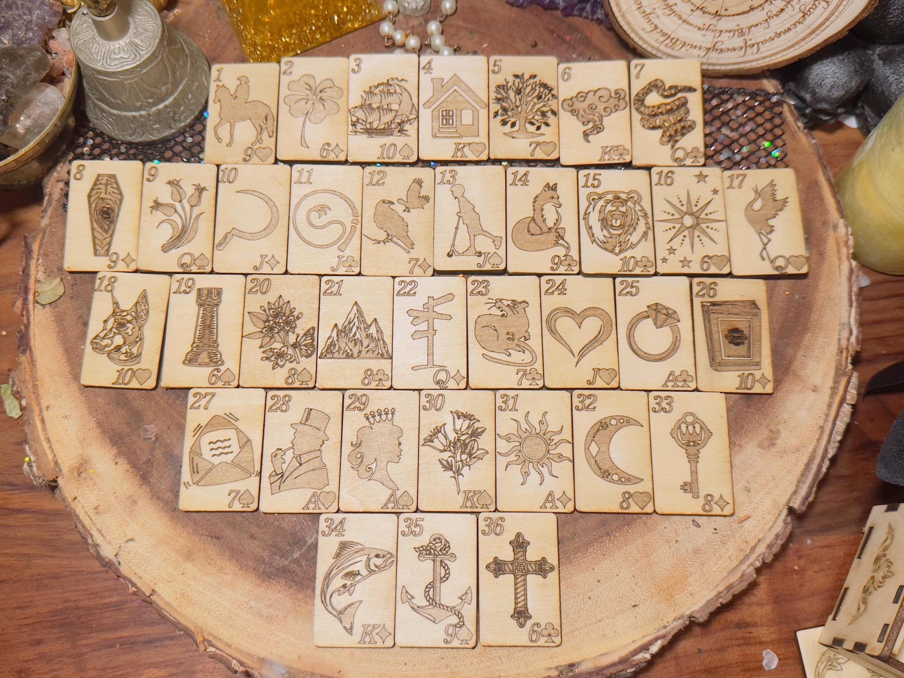 An enchanting mini wooden Lenormand deck for divination, perfect for witches, tarot readers, and mystical practitioners