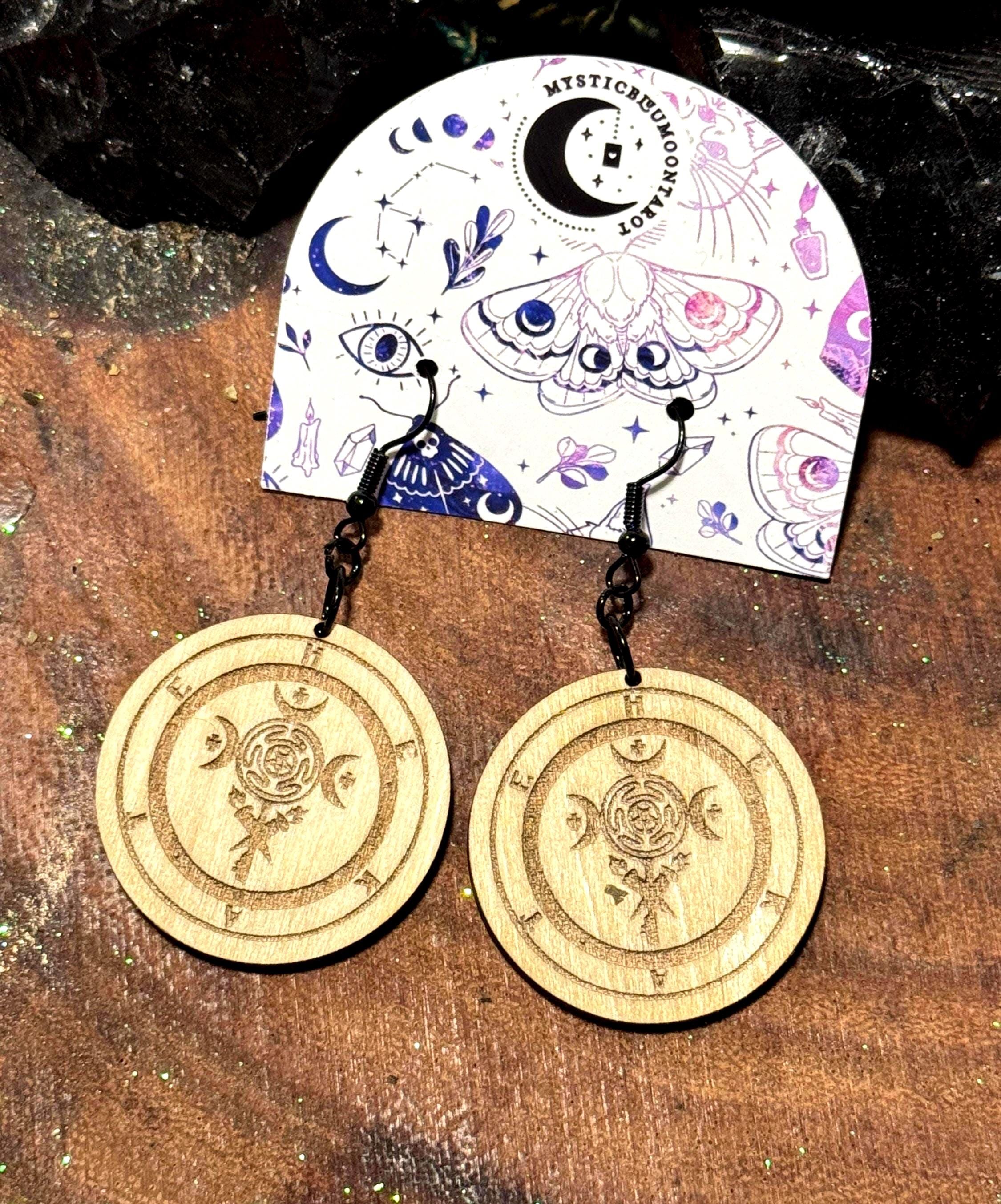 Goddess Hecate Dangle Earrings – Hekate Witchcraft Handmade Wood Jewelry, Spiritual Gifts for Witches, Occult Pagan Accessories