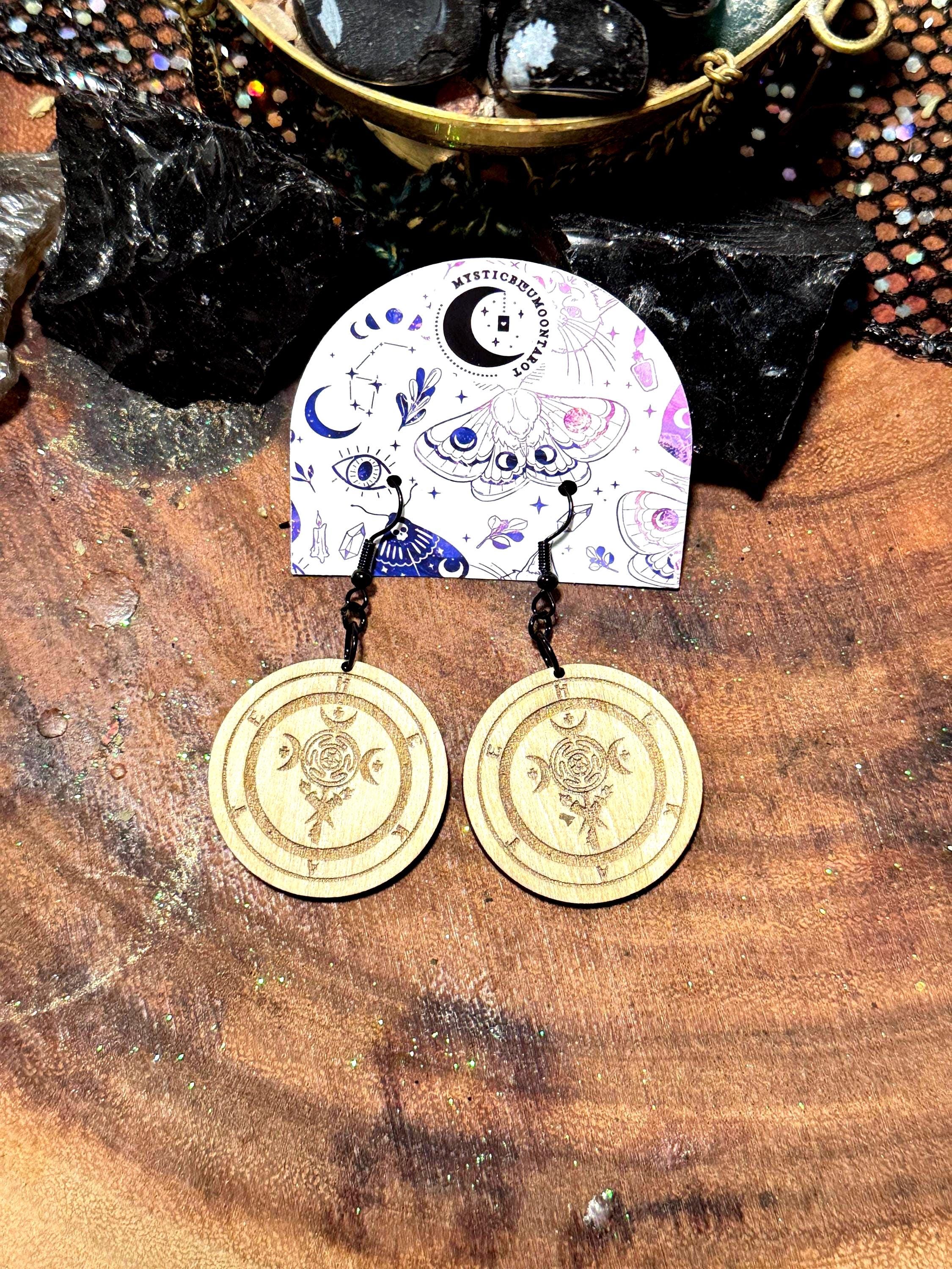 Goddess Hecate Dangle Earrings – Hekate Witchcraft Handmade Wood Jewelry, Spiritual Gifts for Witches, Occult Pagan Accessories