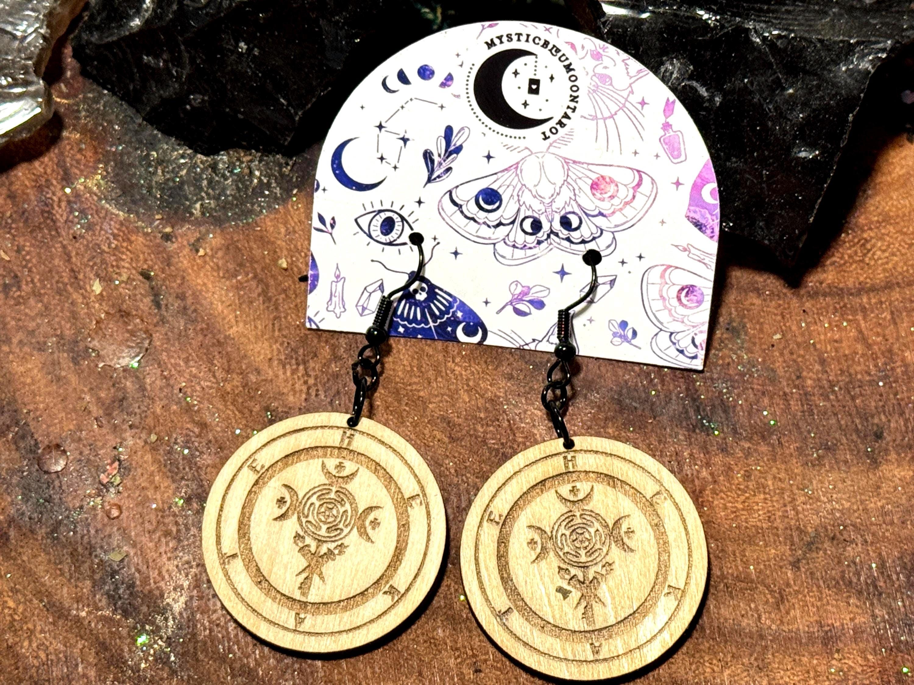 Goddess Hecate Dangle Earrings – Hekate Witchcraft Handmade Wood Jewelry, Spiritual Gifts for Witches, Occult Pagan Accessories