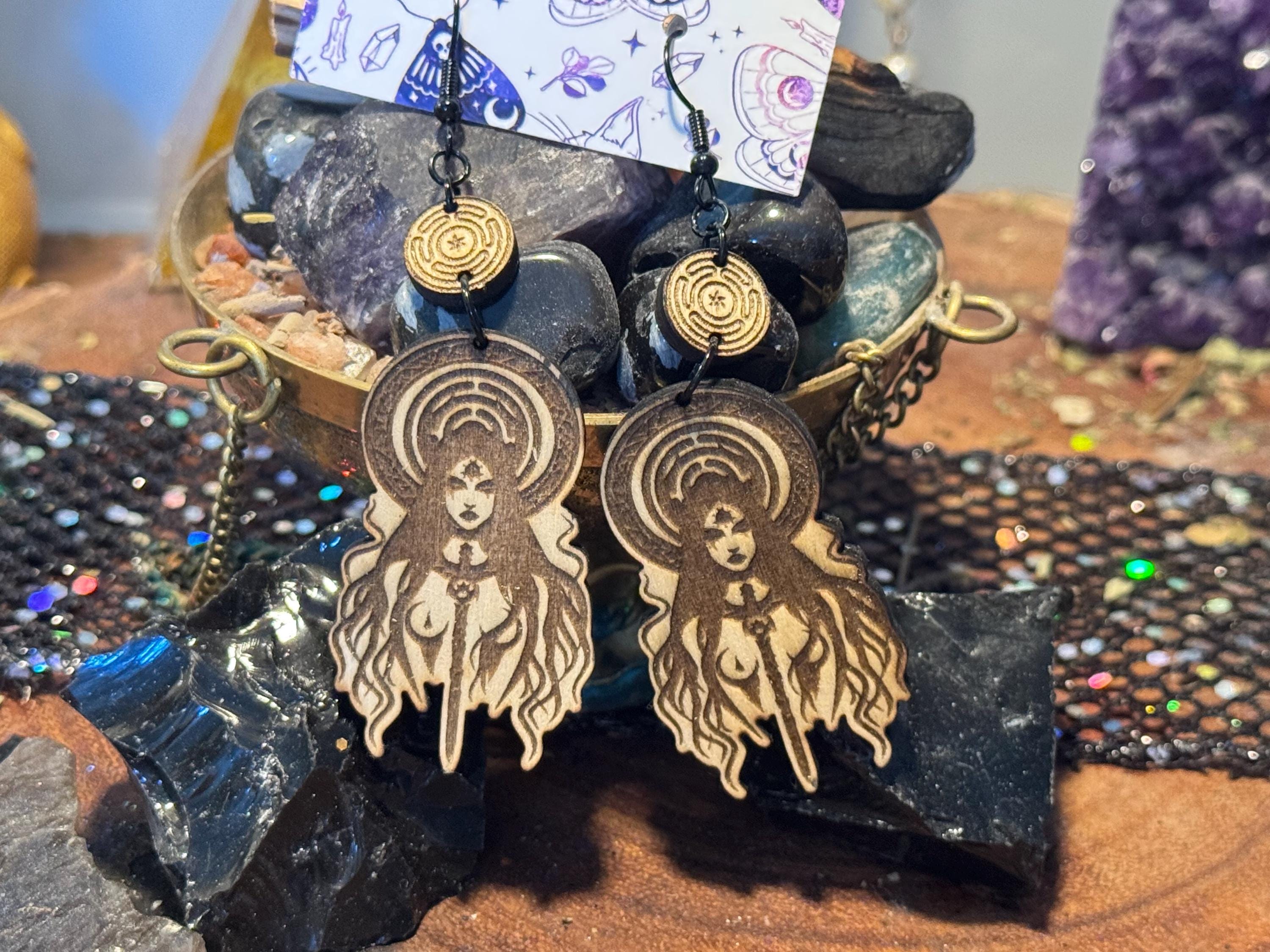 Hecate Dangle Earrings – Hekate Witchcraft Handmade Wood Jewelry, Spiritual Gifts for Witches, Occult Pagan Accessories