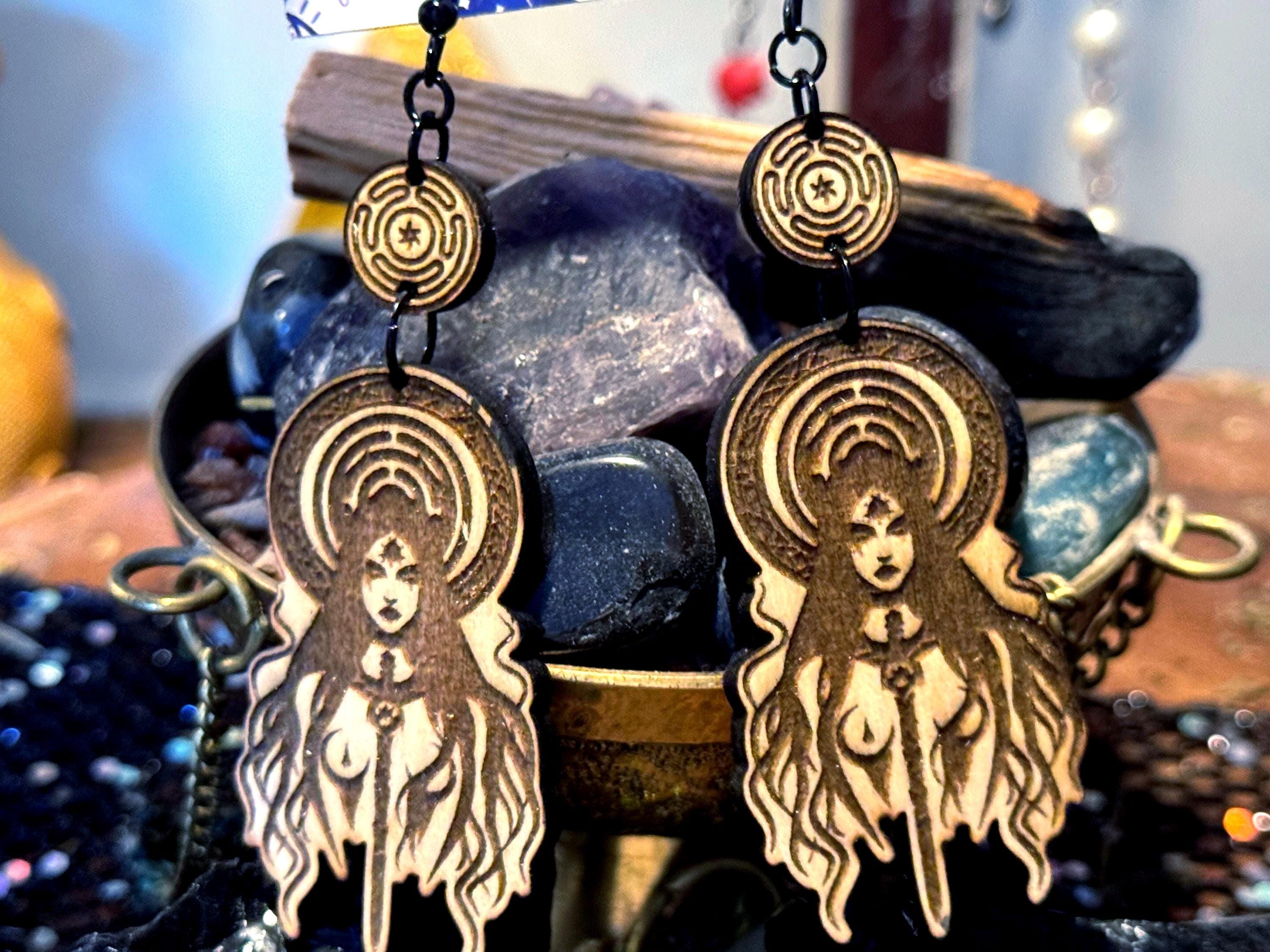 Hecate Dangle Earrings – Hekate Witchcraft Handmade Wood Jewelry, Spiritual Gifts for Witches, Occult Pagan Accessories