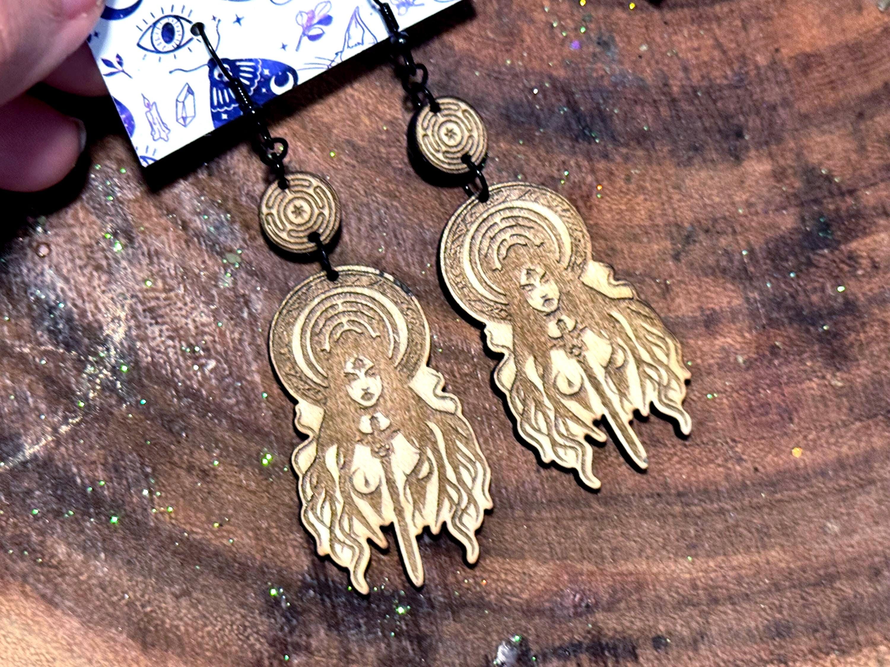 Hecate Dangle Earrings – Hekate Witchcraft Handmade Wood Jewelry, Spiritual Gifts for Witches, Occult Pagan Accessories