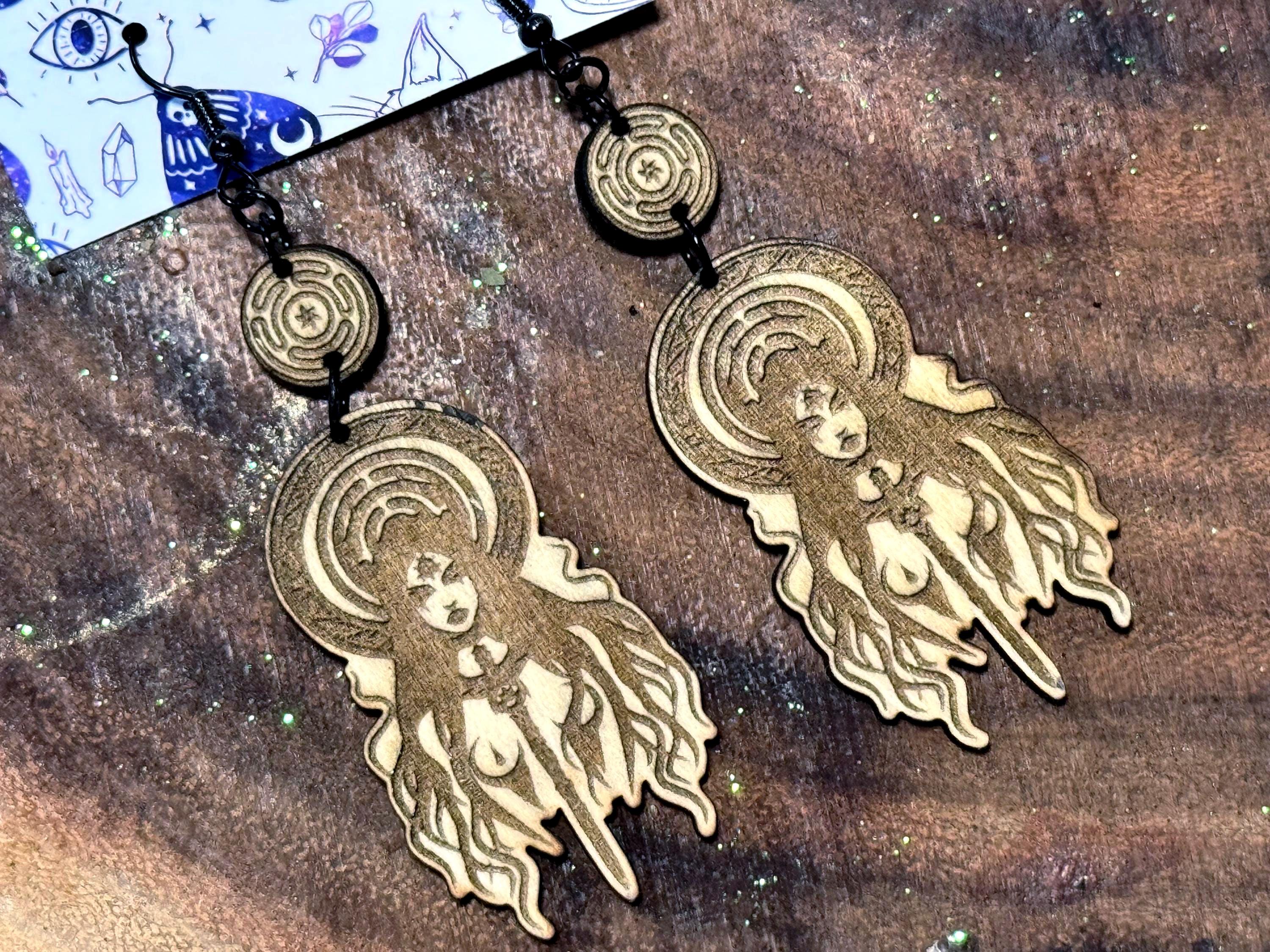 Hecate Dangle Earrings – Hekate Witchcraft Handmade Wood Jewelry, Spiritual Gifts for Witches, Occult Pagan Accessories