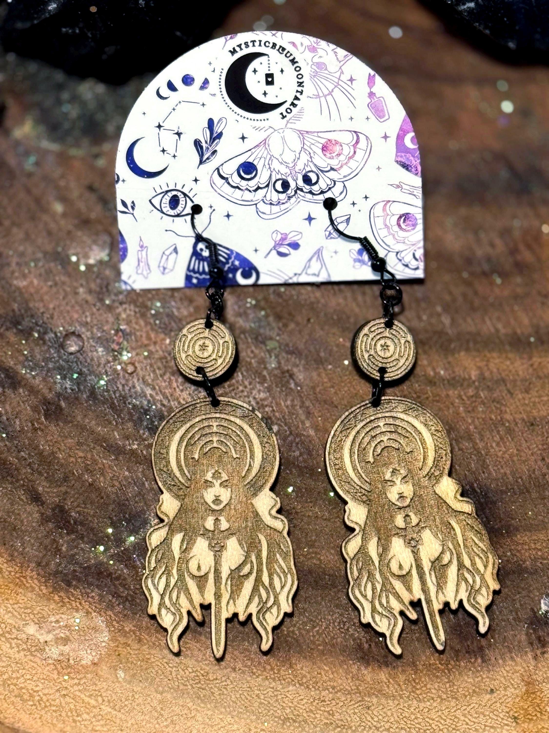 Hecate Dangle Earrings – Hekate Witchcraft Handmade Wood Jewelry, Spiritual Gifts for Witches, Occult Pagan Accessories