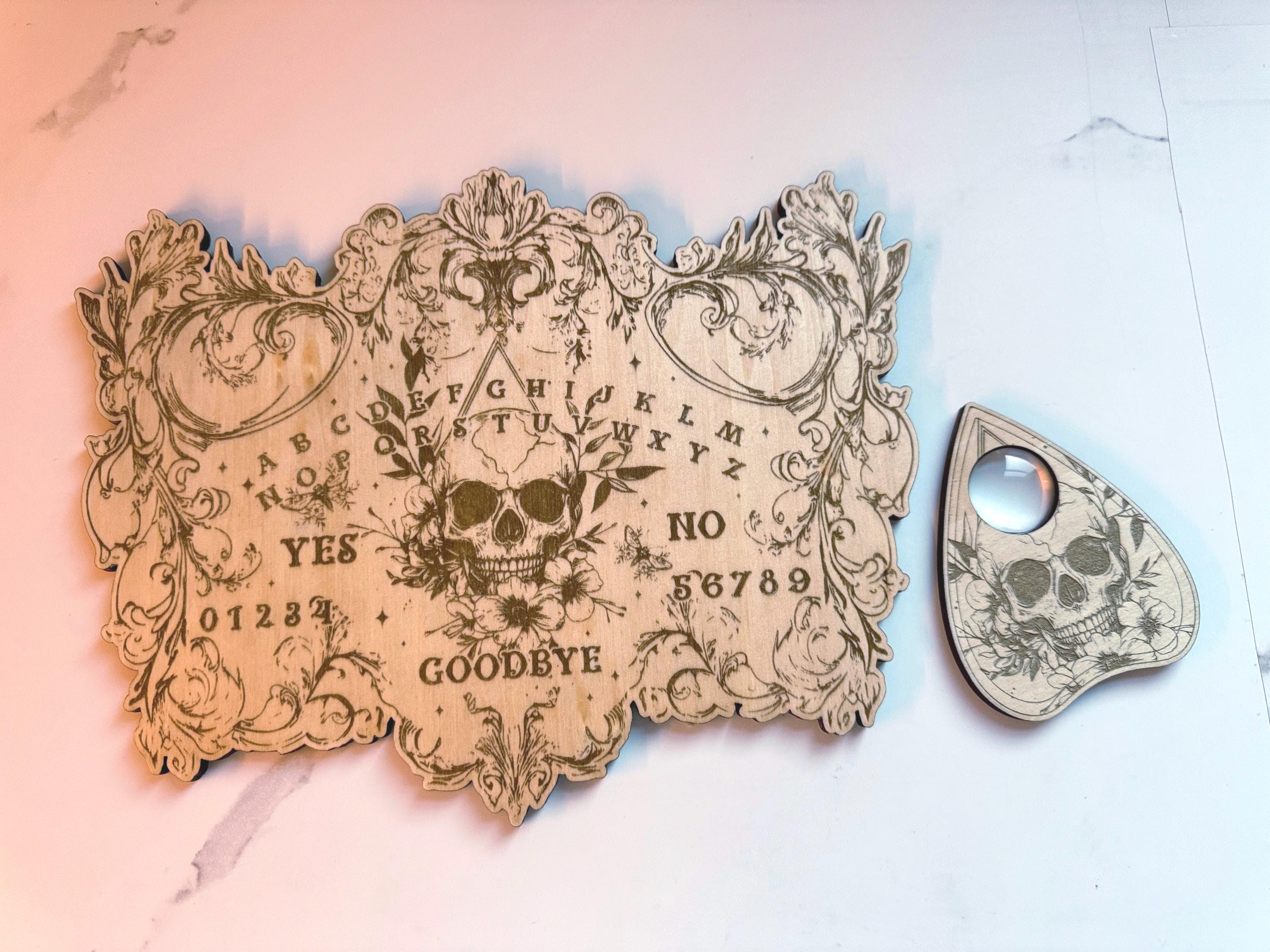Wood Ouija Board, Floral Skull Spirit Board with Planchette, Divination Tool, Witchy Gifts, Talking Board, Altar Decoration
